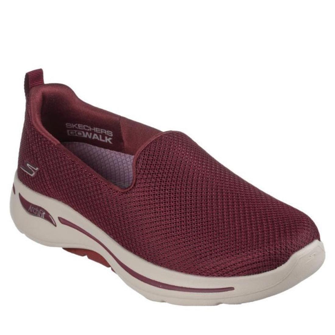 Skechers Arch Fit Slip Ons Grateful Burgundy—easy slip-on sneakers with mesh upper, white cushioned sole, maroon details, arch support.  ksnz