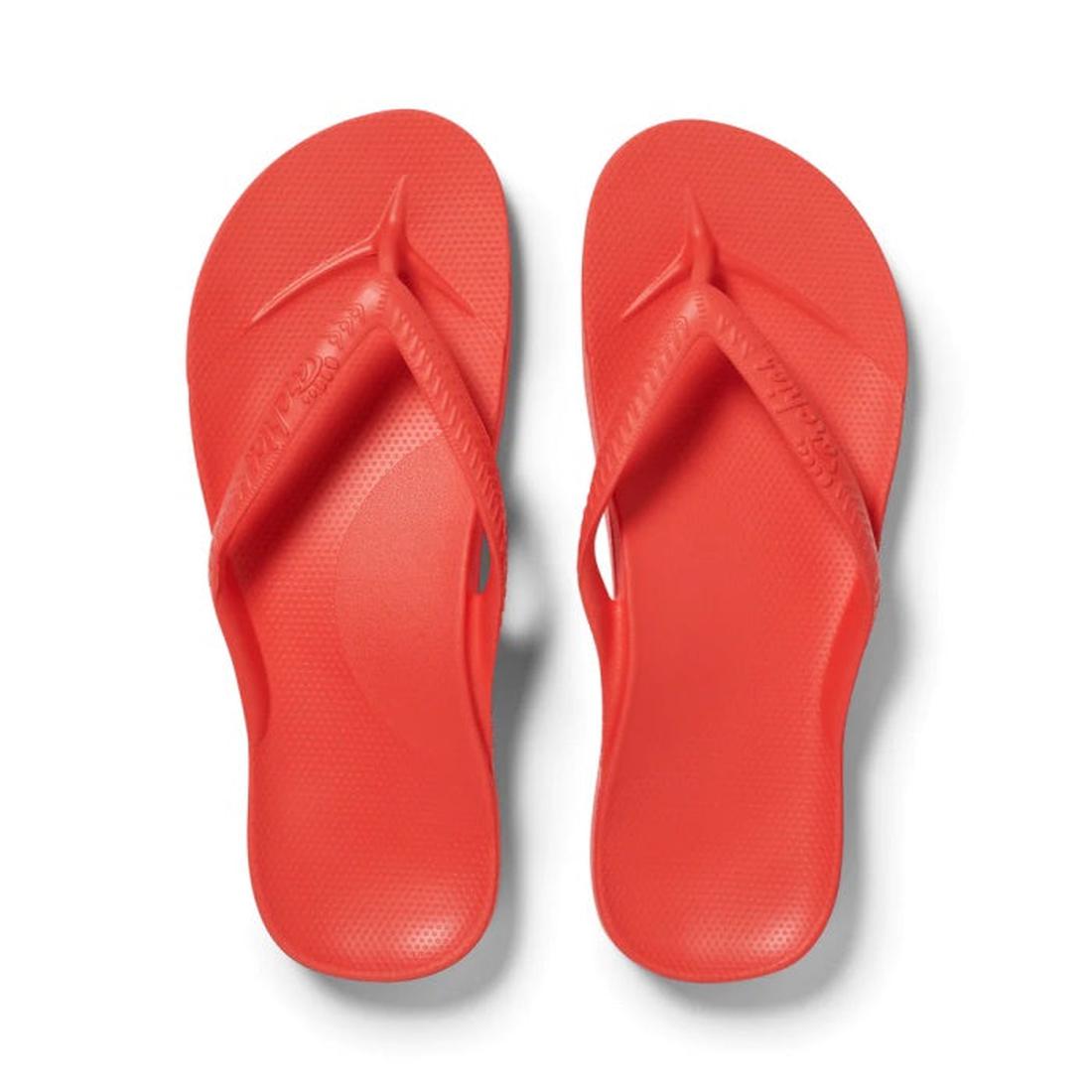 Archies Footwear Arch Support Jandal in coral, comfy flip flops with textured sole and arch support, shown from above on white.  ksnz