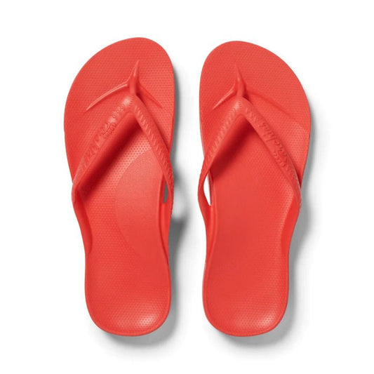 Archies Footwear Arch Support Jandal in coral, comfy flip flops with textured sole and arch support, shown from above on white.  ksnz