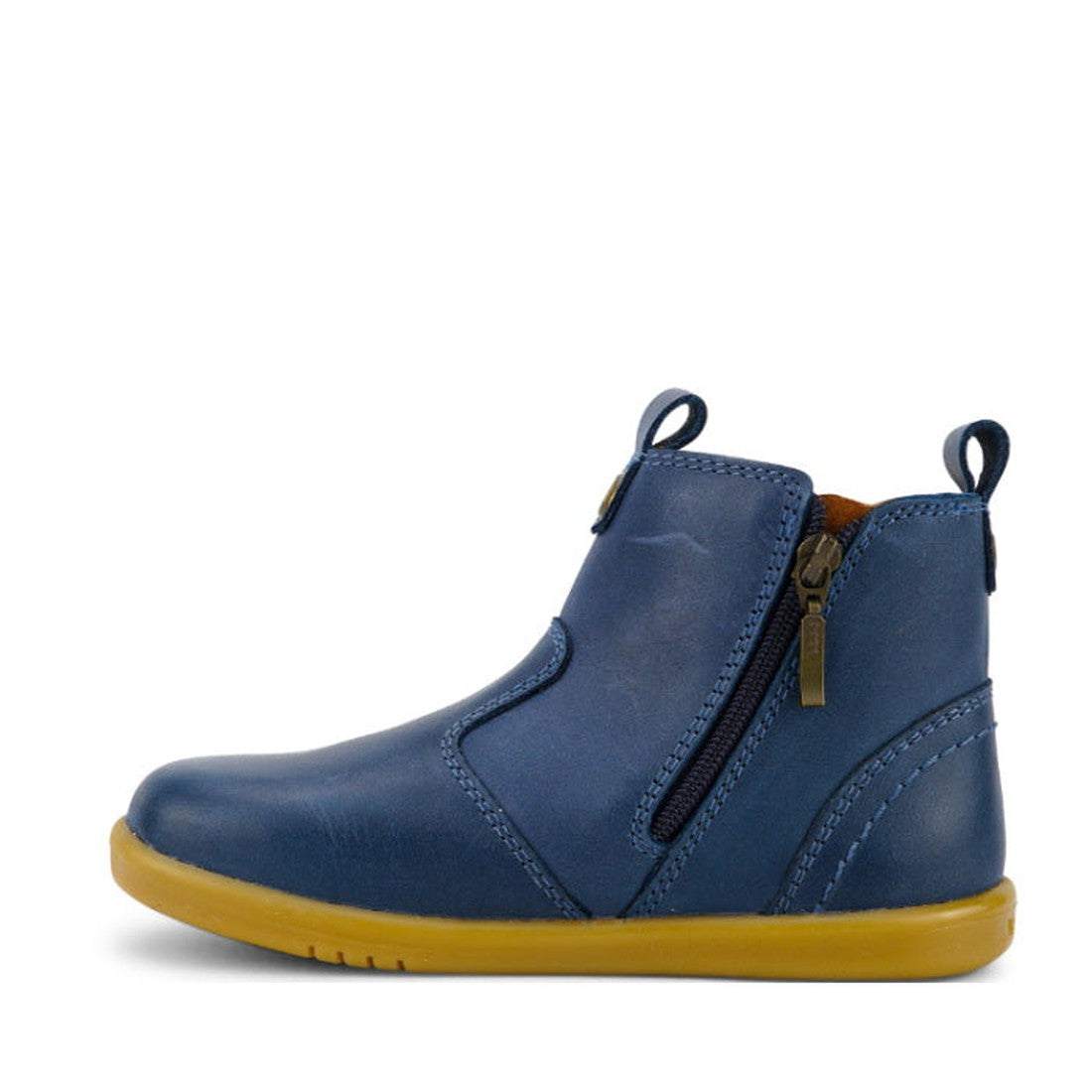 Bobux Iwalk Jodhpur Ankle Boots Midnight Blue 620849 for kids, shown in a left-side profile against a white background, feature leather construction, ankle height, side zipper, pull tabs, and a yellow rubber sole., 9420068521155, 9420068521162, 9420068521