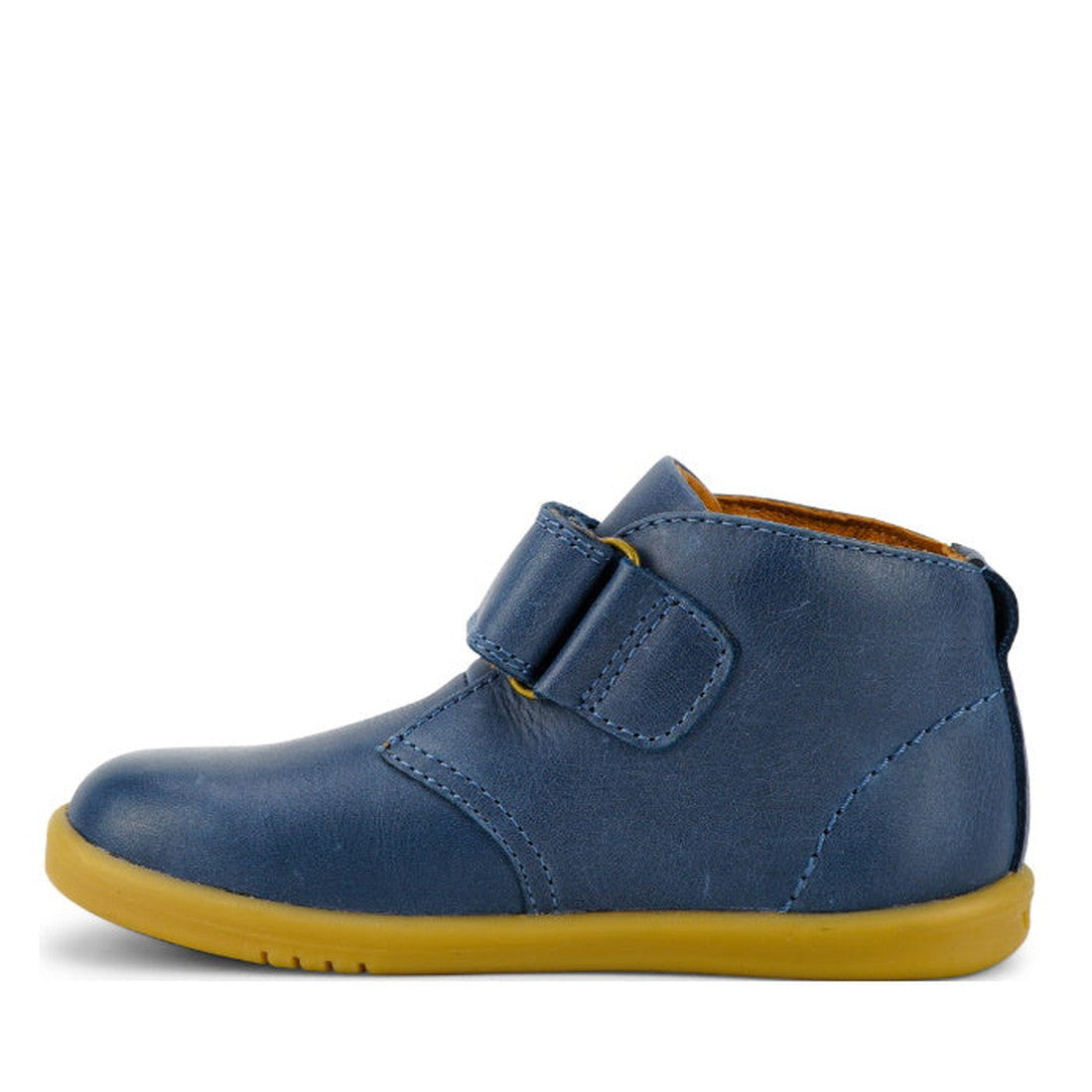 The Bobux Iwalk IW Desert Boot Midnight Blue 625217 is a single children’s boot in vintage blue leather with a yellow rubber sole and wide strap, shown side view facing left on a white background., 9420068516984, 9420068516991, 9420068517004, 942006851701