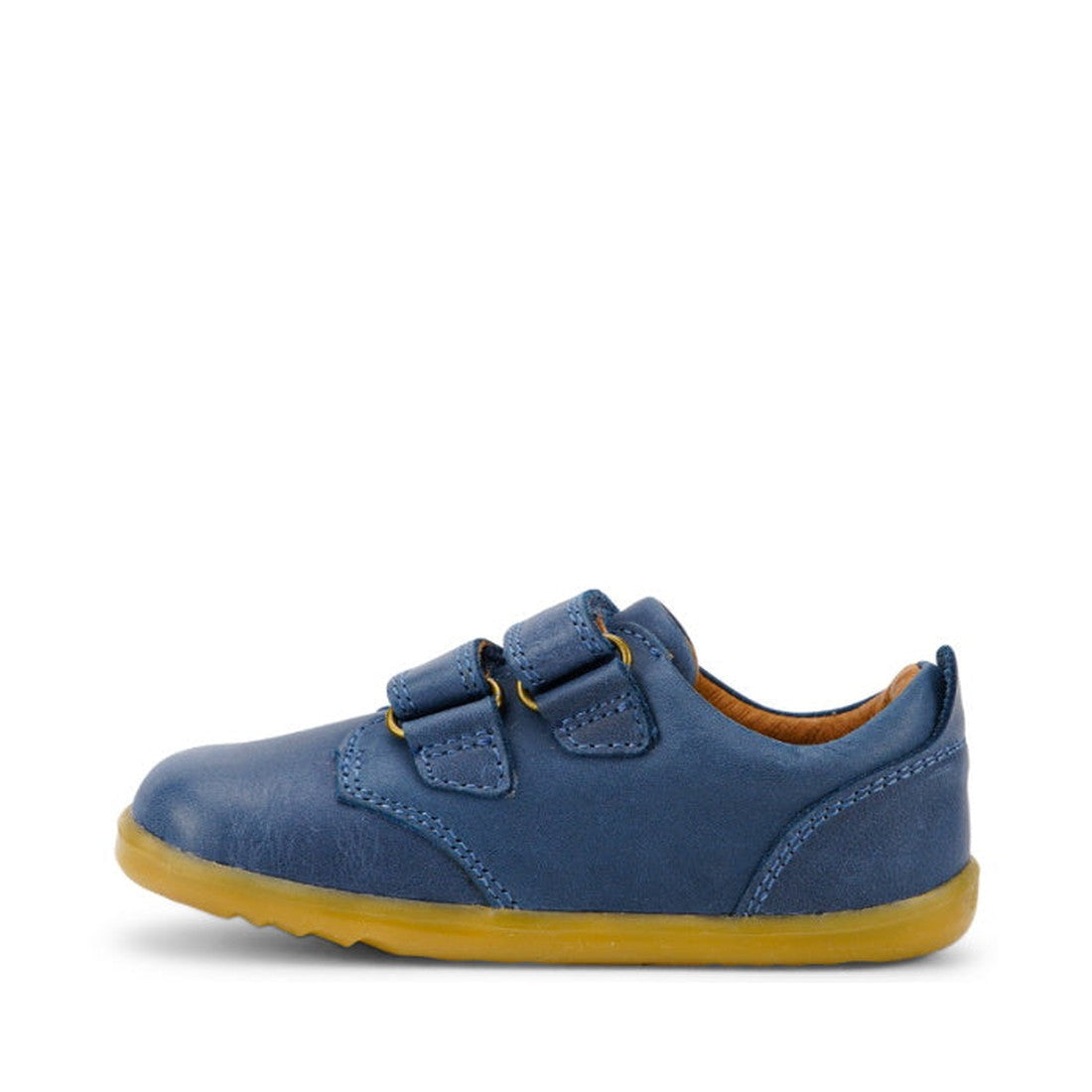 The Bobux Step Up Port Shoe Midnight Blue727718 is a single first walker shoe with a leather upper, two hook-and-loop straps, and a yellow rubber sole, shown in side profile against a white background., 9420068525566, 9420068525573, 9420068525559
