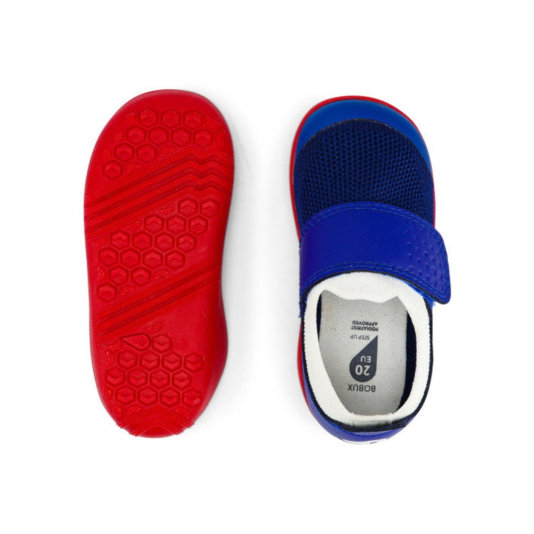 The Bobux Step Up SU Dimension III Blueberry First Walker features a blue mesh upper, red lightweight durable soles with hexagonal patterns, toe protection, and a Velcro strap. Shown from the top and bottom. CLEARANCE; not returnable., 9420068533042, 9420