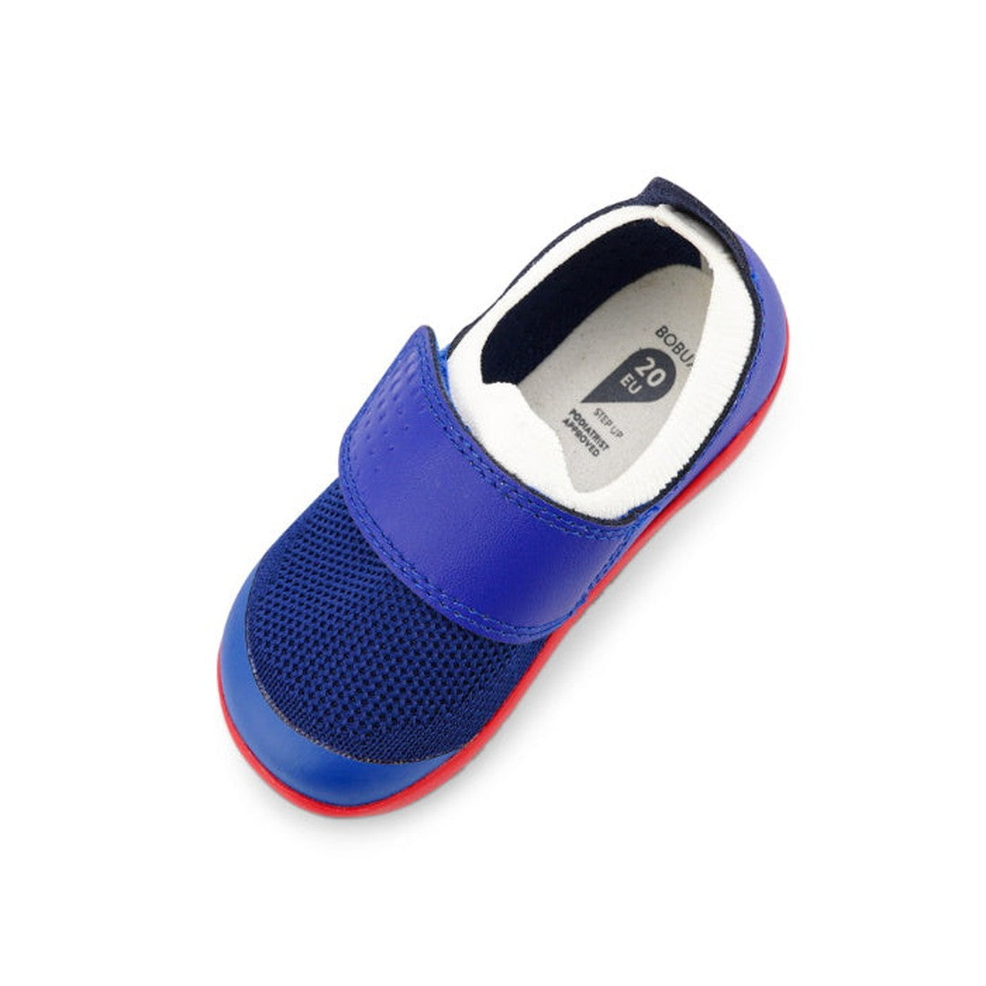 The Bobux Step Up SU Dimension III Blueberry First Walker (CLEARANCE, Not Returnable) is a blue and navy children's sneaker with a velcro strap, mesh upper, white lining, red sole, and toe protection shown on a white background., 9420068533042, 9420068533