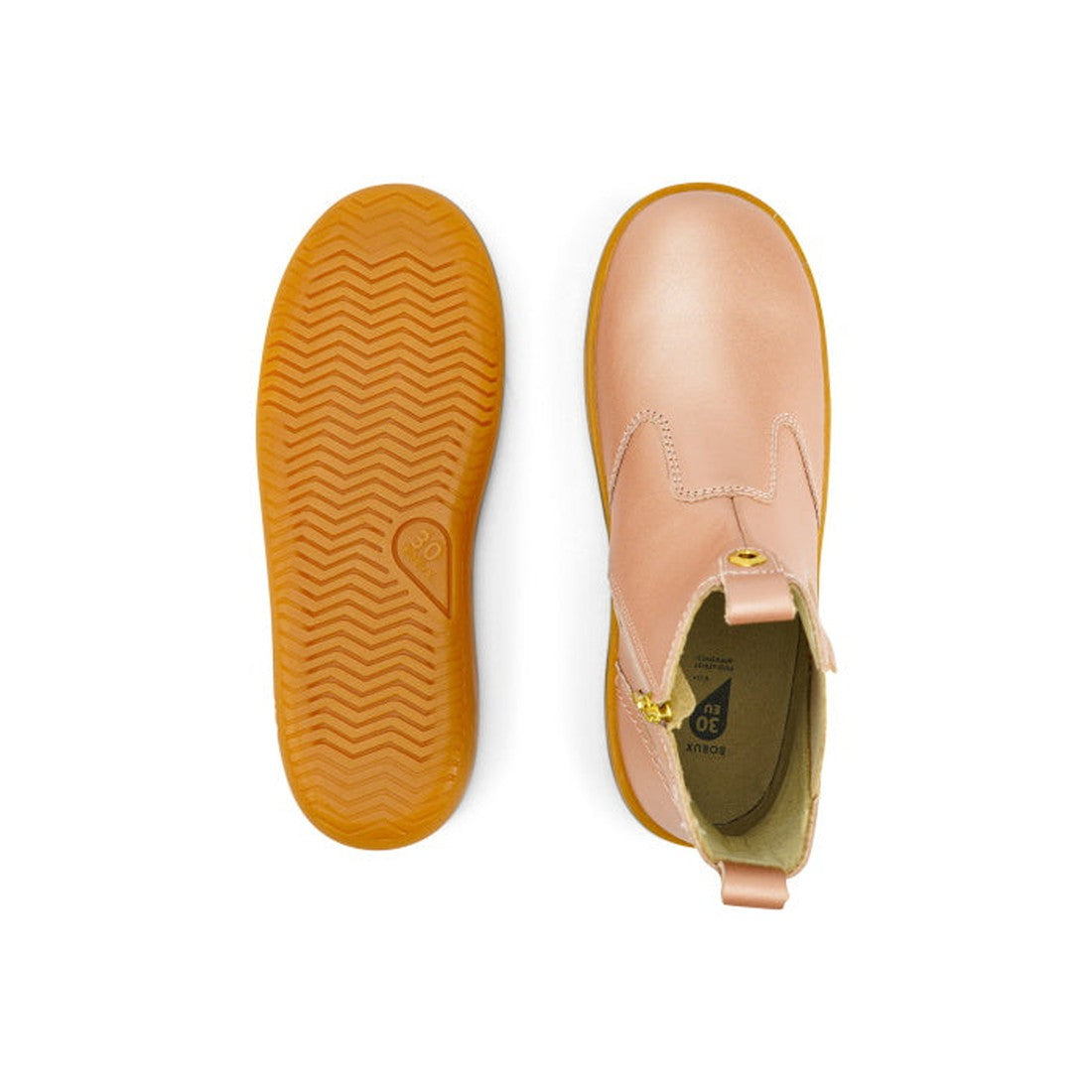 The Bobux Kid+ Jodphur Boot Rose Gold 830021 is a pair of light pink kids' winter boots with tan rubber soles; one boot is shown from the top and the other from the bottom, highlighting the tread pattern., 9420075719880, 9420075719897, 9420075719903, 9420