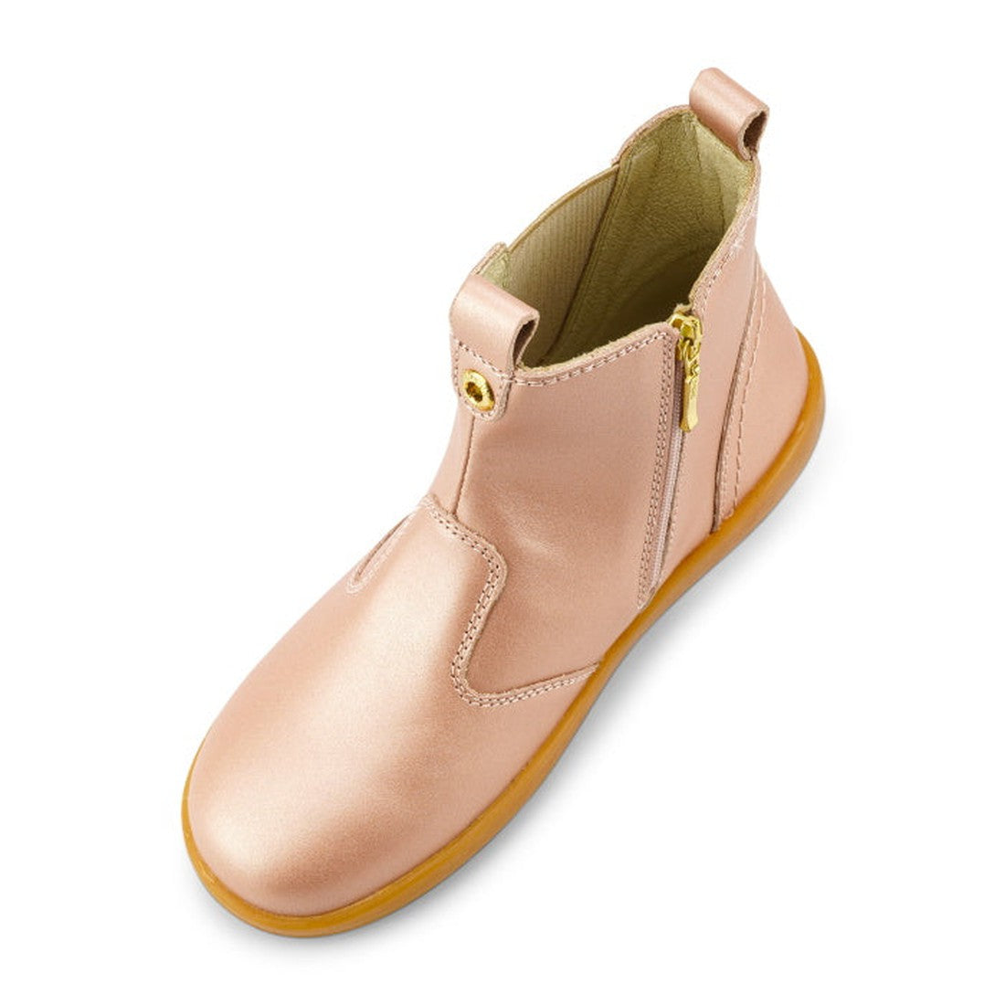 The Bobux Kid+ Jodphur Boot Rose Gold 830021 is a stylish children's ankle boot featuring a side zipper, front and back pull tabs, light brown sole, and smooth rose gold leather finish. Both top and side views are shown., 9420075719880, 9420075719897, 942