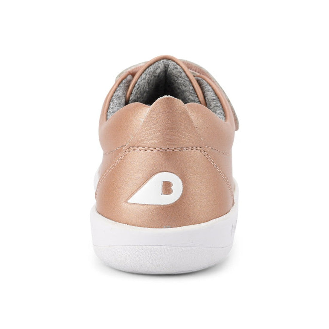 The Bobux Kids + Plus Grass Court Rose Gold Velcro Trainer 832455 features a smooth rose gold leather upper, a white sole, and a white B logo on the heel, with a gray inner lining for comfort., 9420071315741, 9420071315758, 9420071315765, 9420071315772, 9