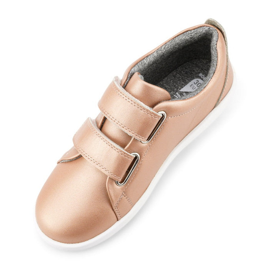The Bobux Kids + Plus Grass Court Rose Gold Velcro Trainers 832455 feature a leather upper, double Velcro straps, white sole, and gray lining, displayed from an angled top view., 9420071315741, 9420071315758, 9420071315765, 9420071315772, 9420071315789, 9