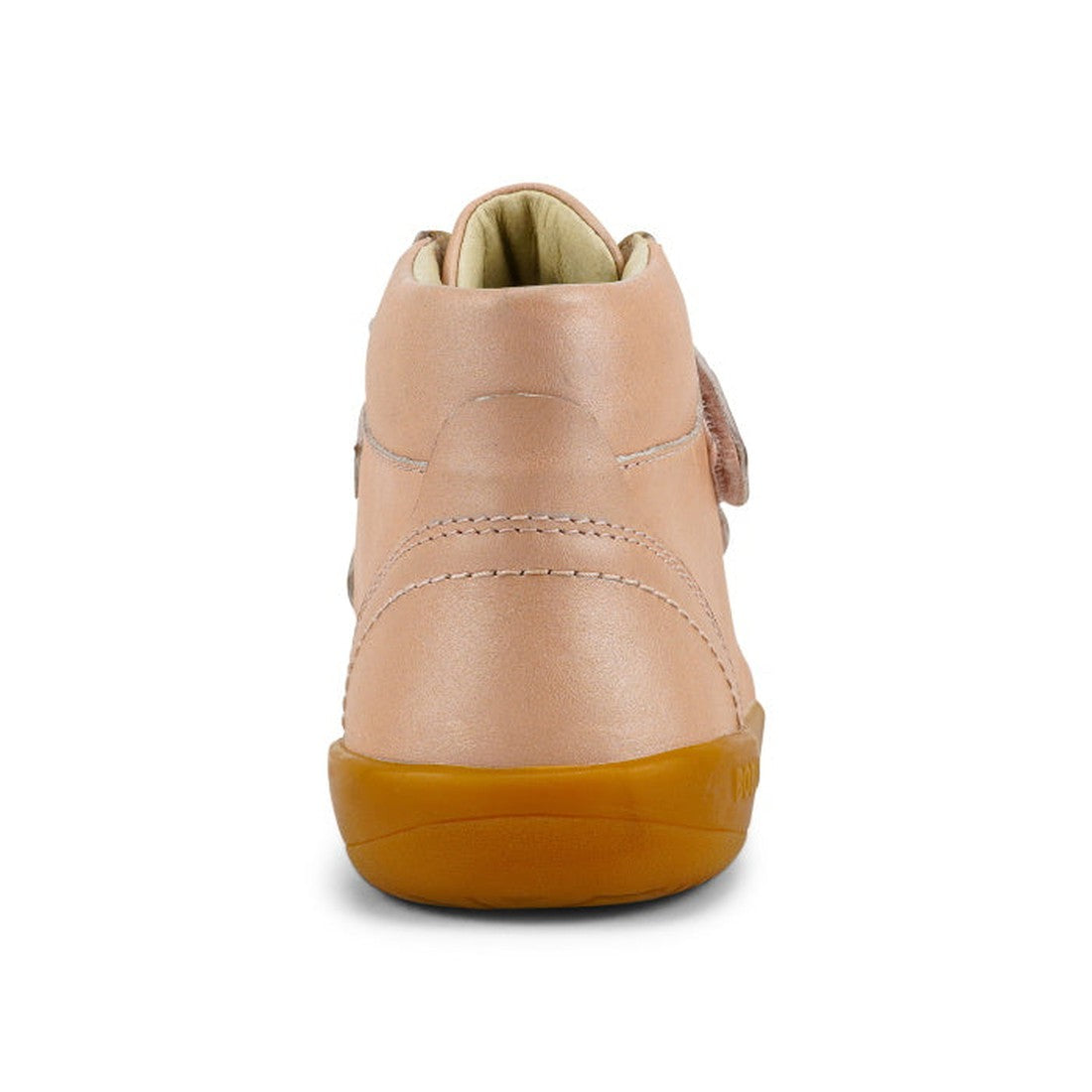 A rear view of the Bobux Kids Plus KP Timber Boot Dusk Pearl Pink 832918 shows smooth pearl pink leather, visible stitching, a soft padded collar, and a light brown sole inspired by Timberland boots, set against a white background., 9420068534308, 9420068