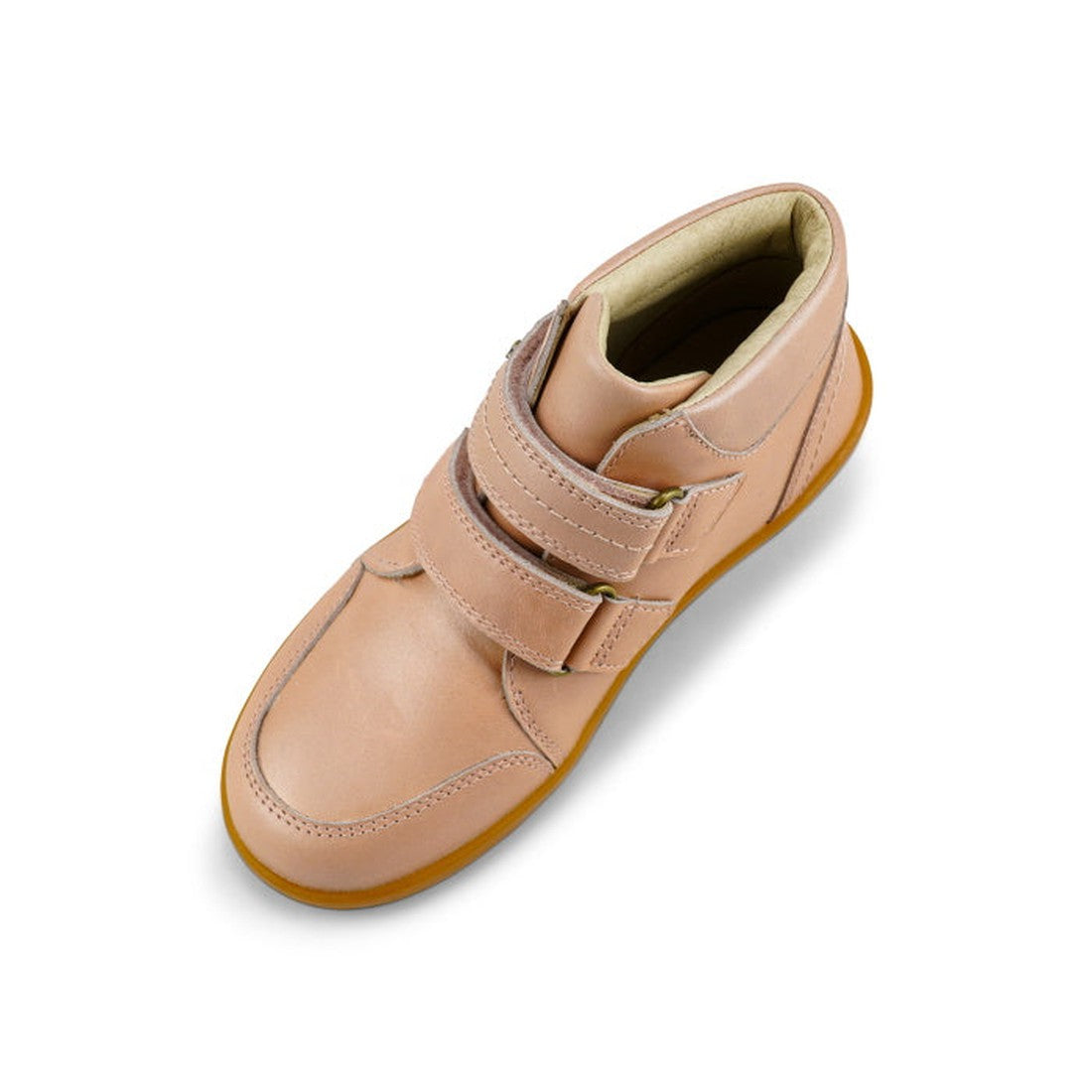 The Bobux Kids Plus KP Timber Boot Dusk Pearl Pink 832918 is a single light pink smooth leather boot with a tan rubber sole and double straps, shown from above at an angle on a white background., 9420068534308, 9420068534315, 9420068534322, 9420068534339,