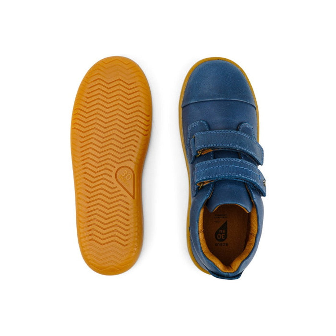 The Bobux Kid+ Port Shoe Midnight Blue 833007 is a pair of children's blue sneakers with yellow wavy-patterned soles, two velcro straps, and top and bottom views shown, designed for easy slip-on and off., 9420068525634, 9420068525641, 9420068525658, 94200