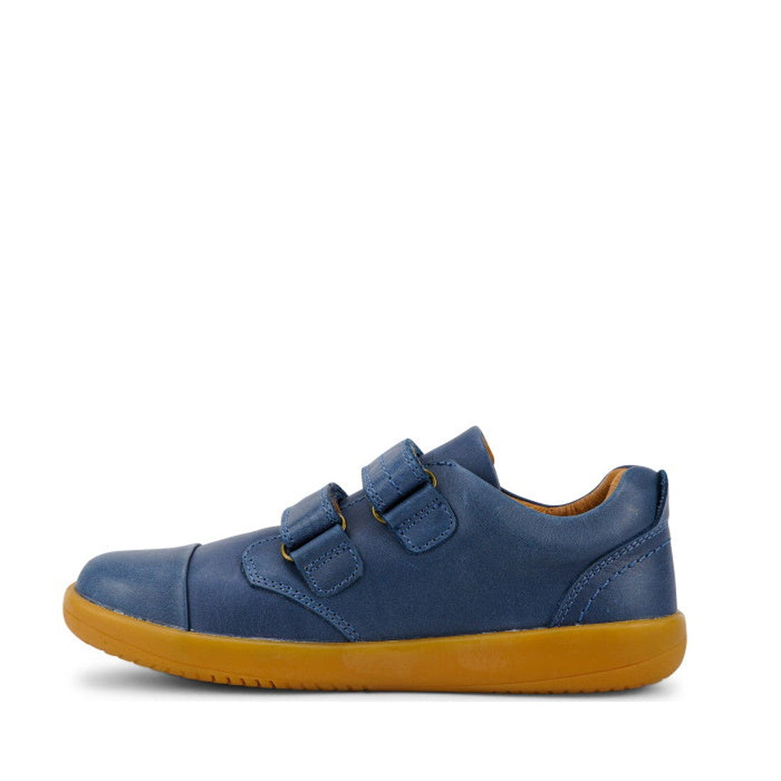 The Bobux Kid+ Port Shoe Midnight Blue 833007 is a children's sneaker featuring a leather upper, two Velcro straps, and a yellow rubber sole, shown in side profile on a white background., 9420068525634, 9420068525641, 9420068525658, 9420068525665, 9420068