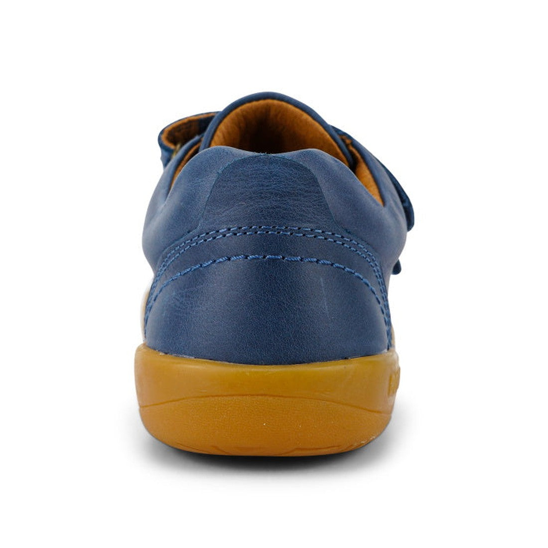 A rear view of the Bobux Kid+ Port Shoe Midnight Blue 833007, a unisex dress shoe with a leather upper, yellow stitching, and a thick yellow rubber sole, shown against a white background., 9420068525634, 9420068525641, 9420068525658, 9420068525665, 942006