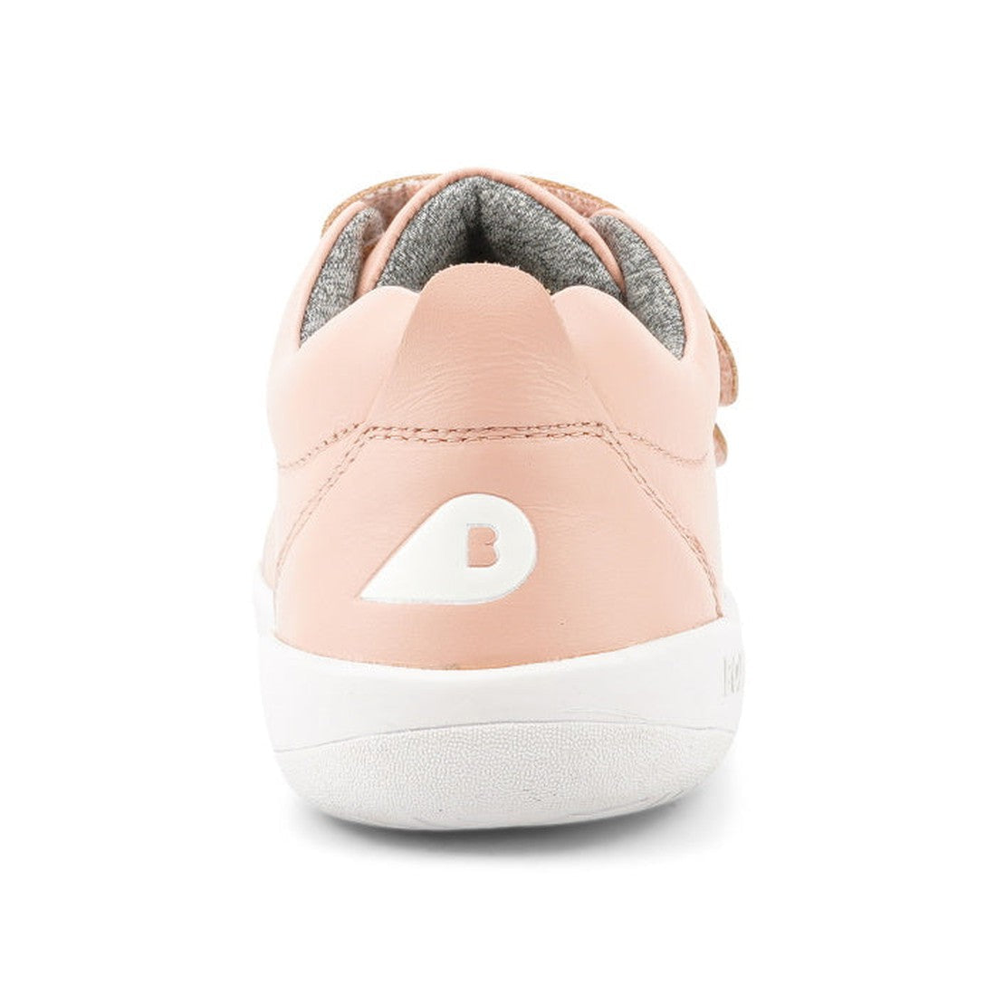 Rear view of the Bobux Iwalk Grass Court Seashell Pink Leather Trainer. This unisex kids' shoe features a white sole, gray interior lining, and a leather heel emblem with a “B.”., 9420062078877, 9420075792289, 9420075794047, 9420062078907, 9420075794054