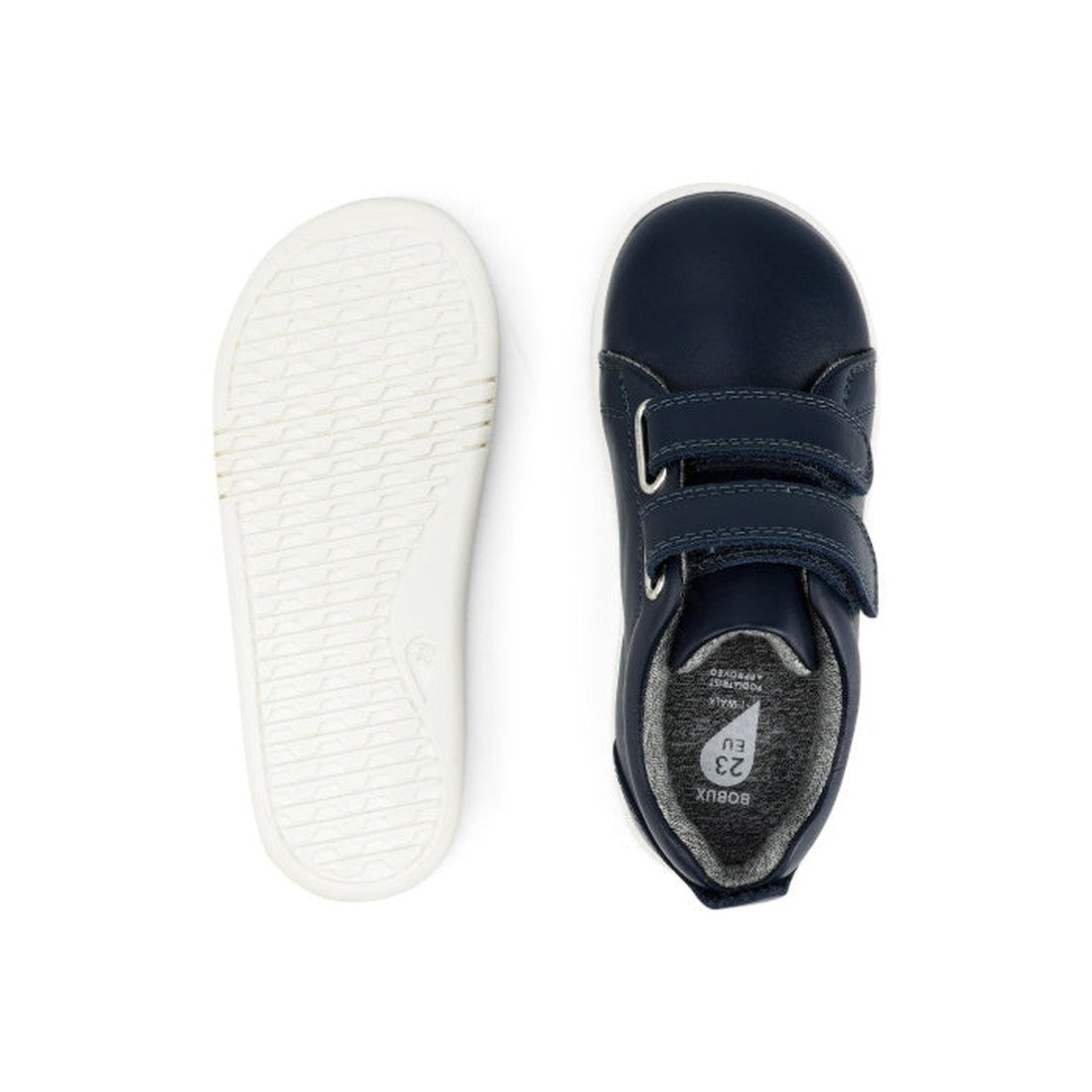 The Bobux Iwalk Grass Court Navy Leather Trainer 633723J is shown from above and below; one shoe displays the textured white sole, while the other highlights two velcro straps across the top., 9420075792548, 9420075791404, 9420075792227, 9420075792784, 94