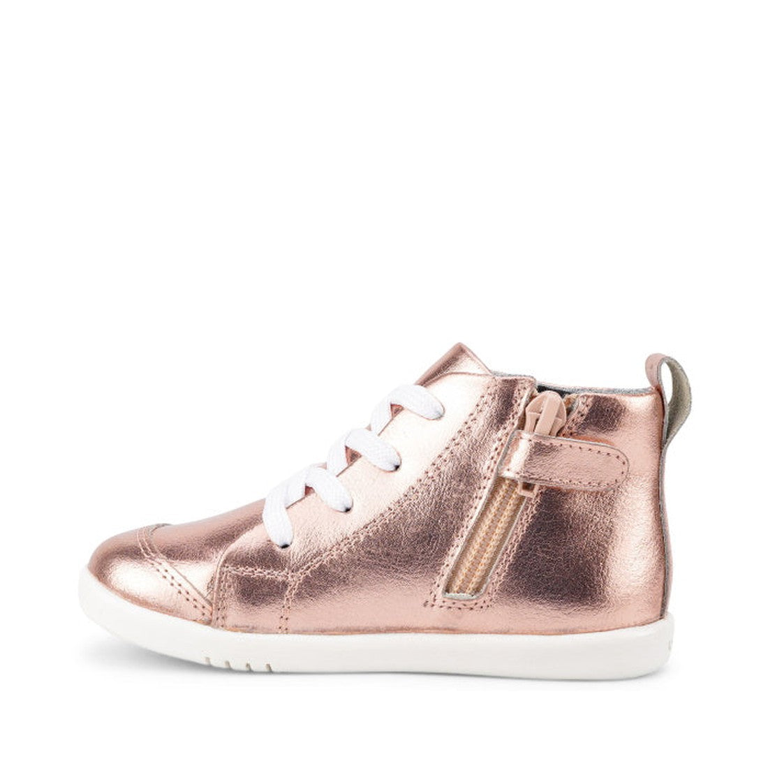 The IWalk IW Bobux Alley Oop Boot Leather Toddlers in Rose Gold Metallic (637113 Clearance) is a kids' high-top sneaker with white laces, side zipper, and a white rubber sole, shown in profile on a plain white background., 9420071321681, 9420071321698, 94