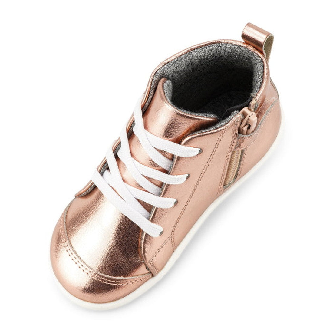 The IWalk IW Bobux Alley Oop Boot Leather Toddlers Rose Gold Metallic 637113 features a shiny rose gold finish, white laces, side zipper, and white sole—seen from above on a white background., 9420071321681, 9420071321698, 9420071321704, 9420071321711, 94