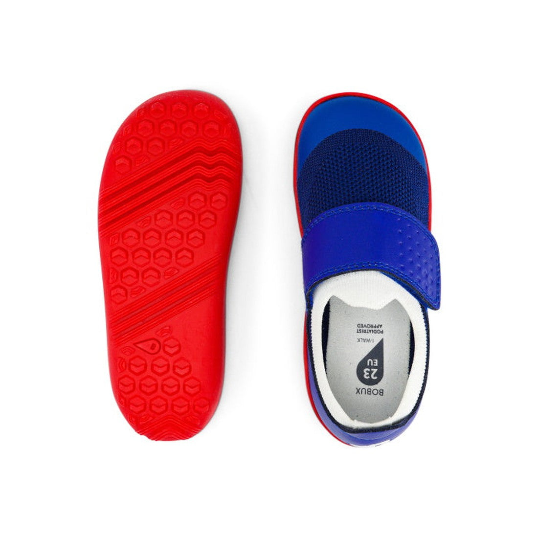 The Bobux Iwalk IW Dimension III Blueberry Red Trainer 638505 features bright red rubber soles, dark blue mesh uppers, and a wide blue hook-and-loop strap—a lightweight kids’ sneaker shown from top and bottom views., 9420062086421, 9420068531475, 94200685