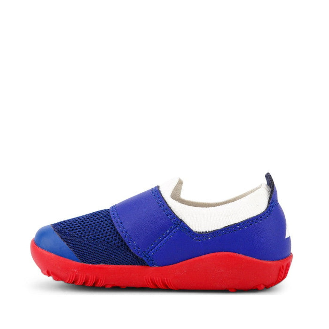 The Bobux Iwalk IW Dimension III Blueberry Red Trainer 638505 is a kids’ slip-on with a blue knit upper, white ankle trim, mesh toe detail, and red flexible sole—shown in side profile on a white background., 9420062086421, 9420068531475, 9420068531482, 94