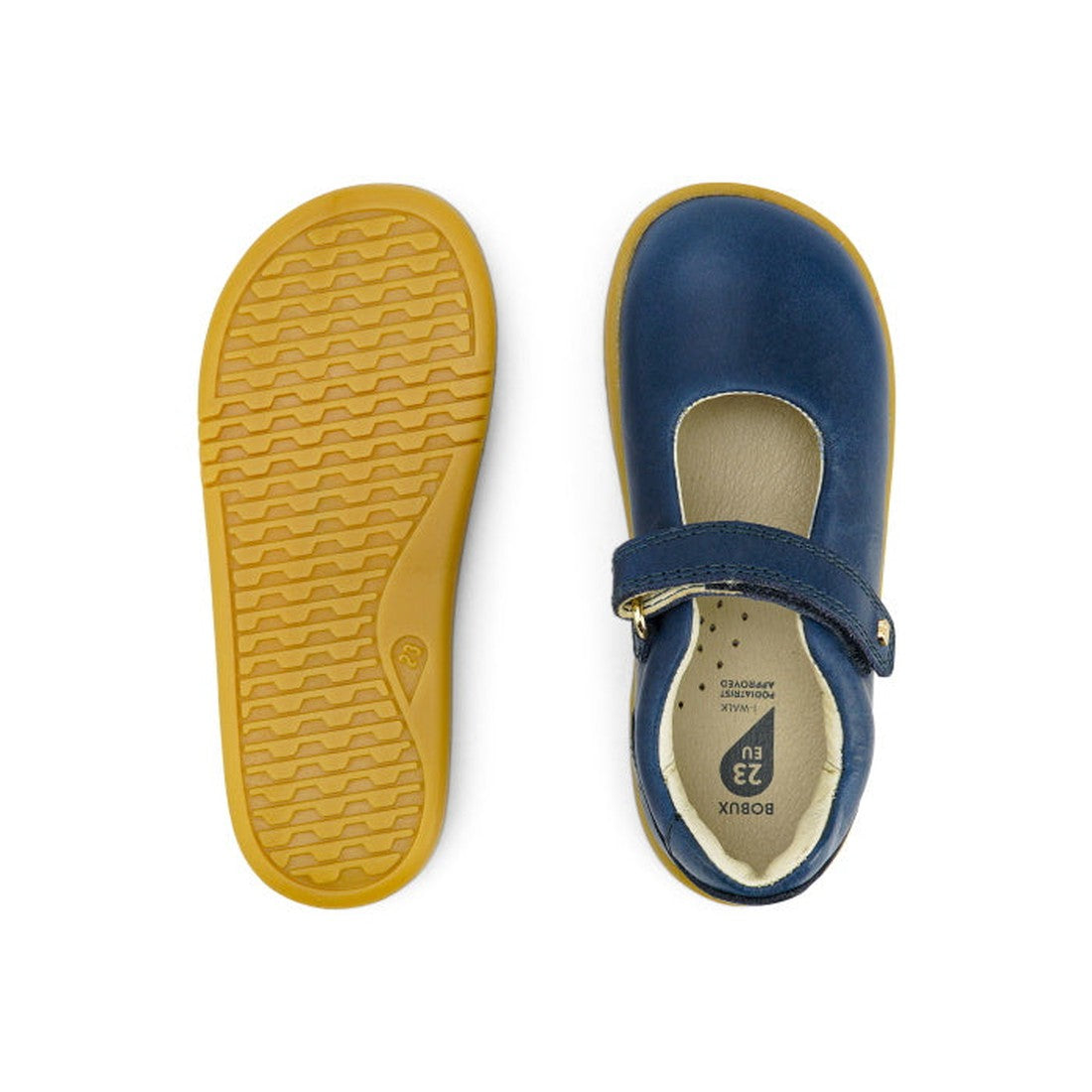 The Bobux Iwalk Delight Mary Jane Midnight Blue 628048 is a child’s shoe with a blue leather upper, yellow rubber soles, velcro strap, and rounded toes, shown from top and bottom views., 9420068516748, 9420068516755, 9420068516762, 9420068516779, 94200685