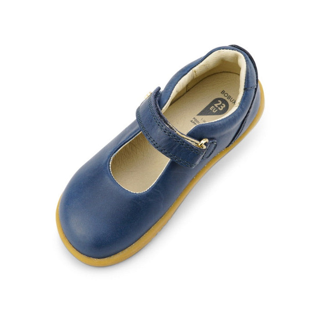 A Bobux Iwalk Delight Mary Jane Midnight Blue 628048 toddler shoe, featuring blue leather, a tan rubber sole, and a velcro strap, shown from an angled top view., 9420068516748, 9420068516755, 9420068516762, 9420068516779, 9420068516786
