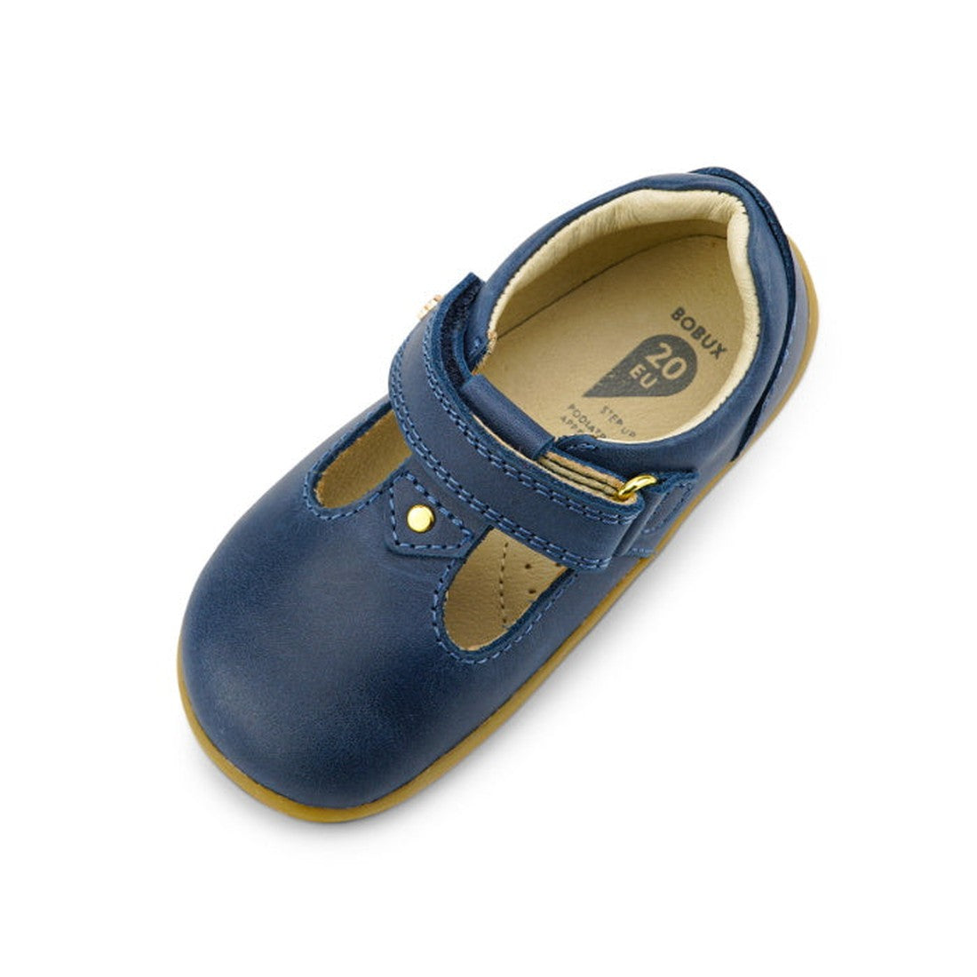 Bobux Step Up T-Bar Louise Midnight Blue 728330 toddler shoe in soft blue leather, tan rubber sole, sturdy buckle, and comfy beige lining.  ksnz, 9420068521810, 9420068521827, 9420068521834
