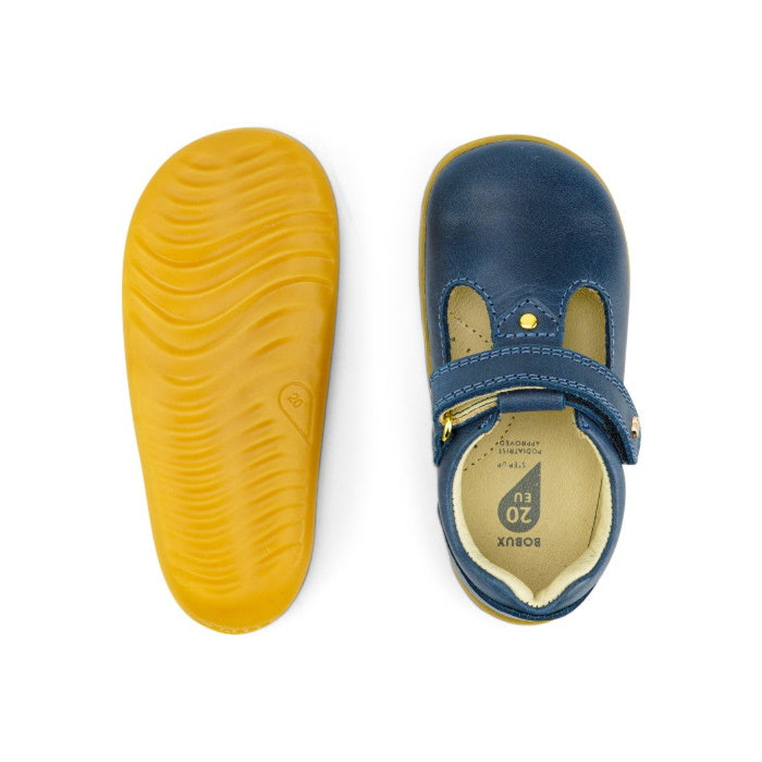 Bobux Step Up T-Bar Louise Midnight Blue toddler shoes in soft blue leather with Velcro and gold buckle, plus yellow rubber sole.  ksnz, 9420068521810, 9420068521827, 9420068521834