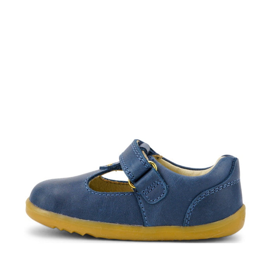 Bobux Step Up T-Bar Louise Midnight Blue 728330: comfy blue leather kids' shoe with sunny yellow sole and easy Velcro strap, side view.  ksnz, 9420068521810, 9420068521827, 9420068521834