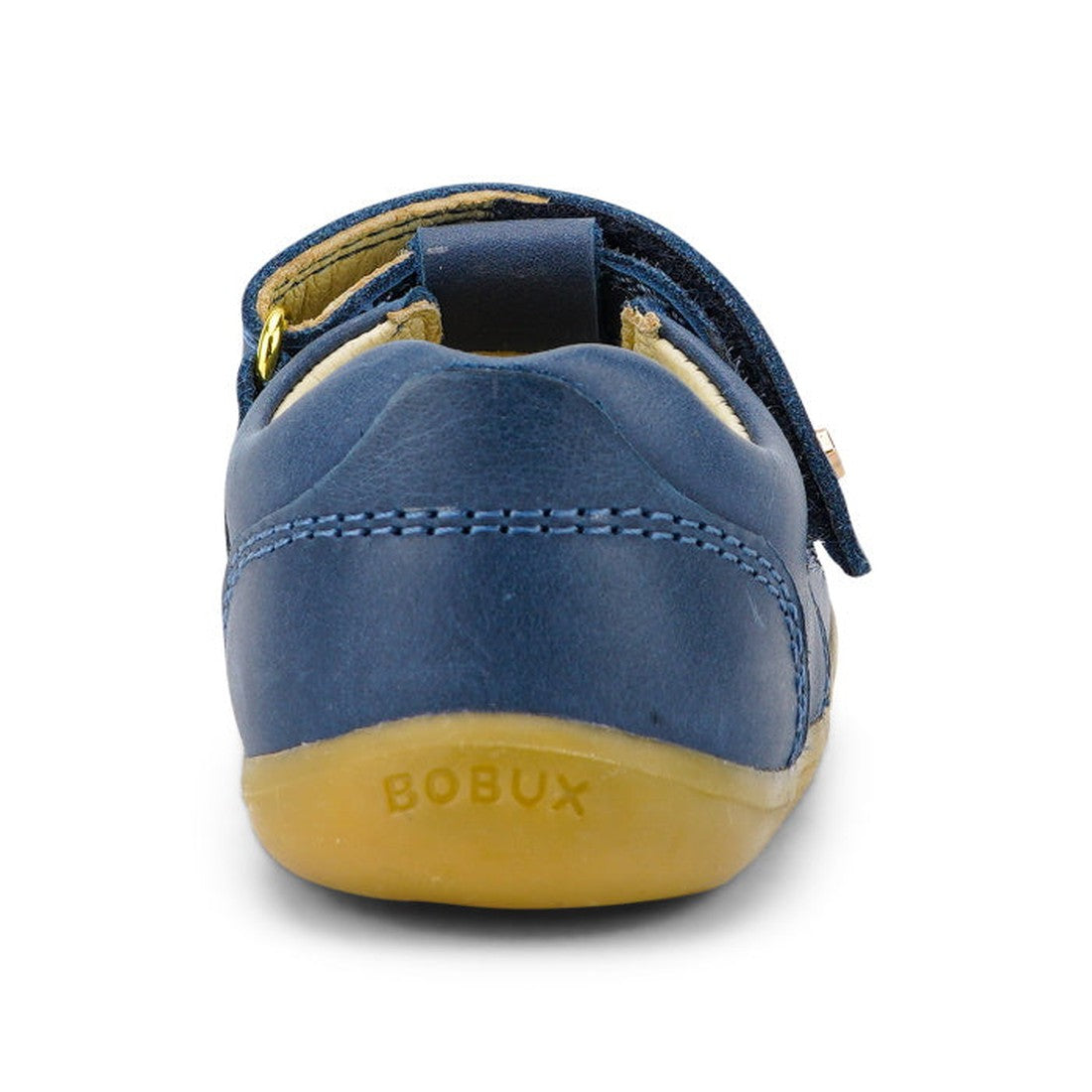 Bobux Step Up T-Bar Louise Midnight Blue—cozy leather shoe with a grippy tan sole, sweet blue stitching, and easy velcro for kids.  ksnz, 9420068521810, 9420068521827, 9420068521834