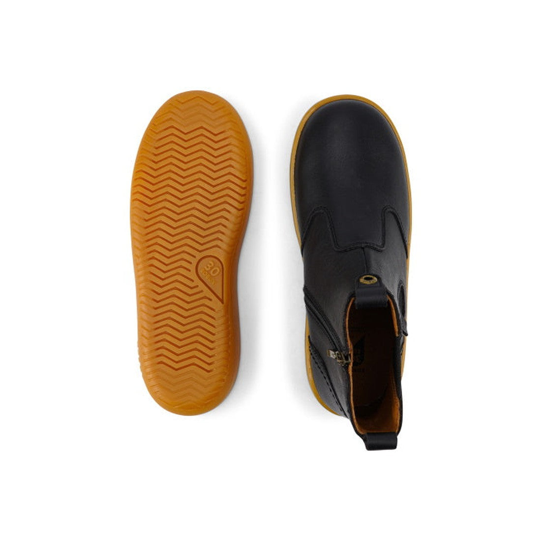 The Bobux Kid+ Jodphur Boot Black 830016Z is a black unisex boot with tan rubber soles. One boot is shown from the top, and the other displays a textured sole for grip., 9420075719811, 9420075719828, 9420075719835, 9420075719842, 9420075719859, 9420075719