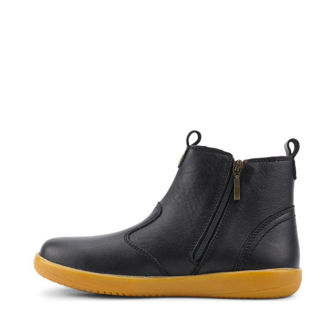 The Bobux Kid+ Jodphur Boot Black 830016Z is shown in a left side profile against a white background, featuring zip closure, pull tabs, smooth leather finish, and a contrasting light brown rubber sole., 9420075719811, 9420075719828, 9420075719835, 9420075