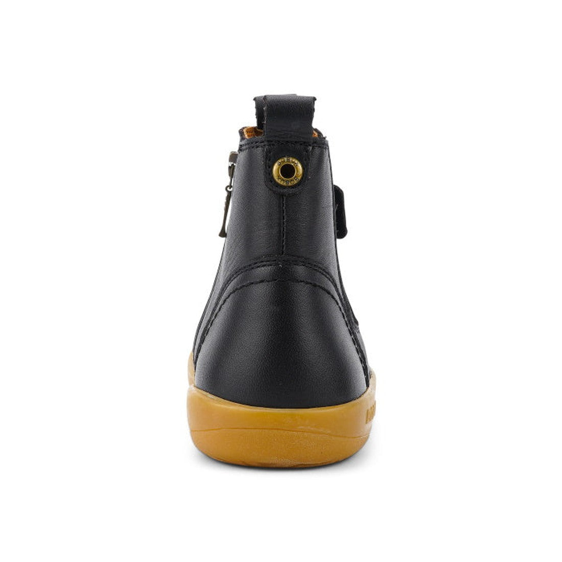 The Bobux Kid+ Jodphur Boot Black 830016Z is a black unisex leather boot with a tan rubber sole, side zip closure, heel pull tab, top eyelet, and is shown from the back against a plain white background., 9420075719811, 9420075719828, 9420075719835, 942007