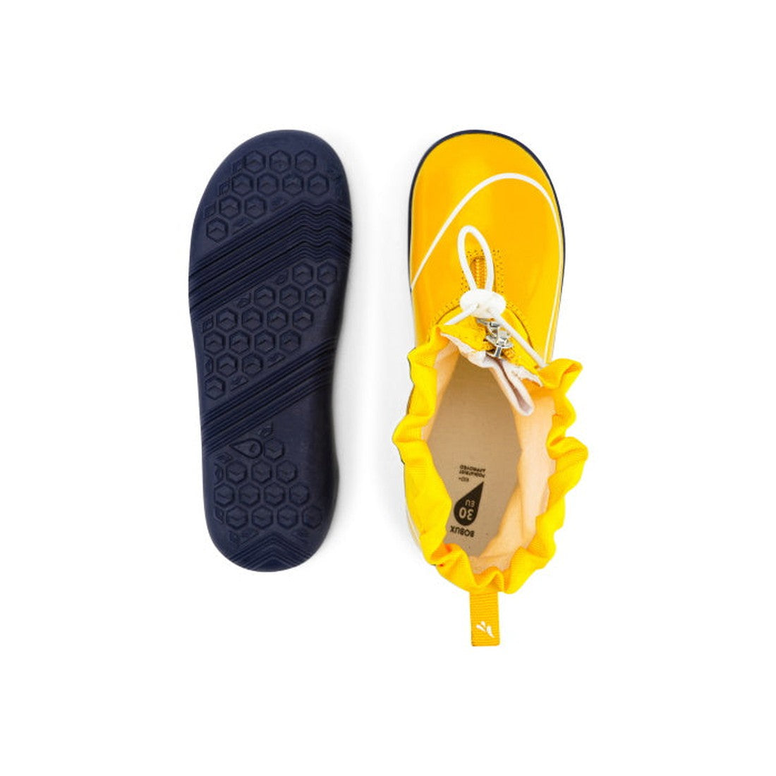 A pair of Bobux Kid+ Splash Boot Waterproof Yellow 839001 shoes: one shown from the top with white laces and a ruffled edge, the other displaying a dark blue sole with hexagonal patterns., 9420068528420, 9420068528437, 9420068528444, 9420068528451, 942006