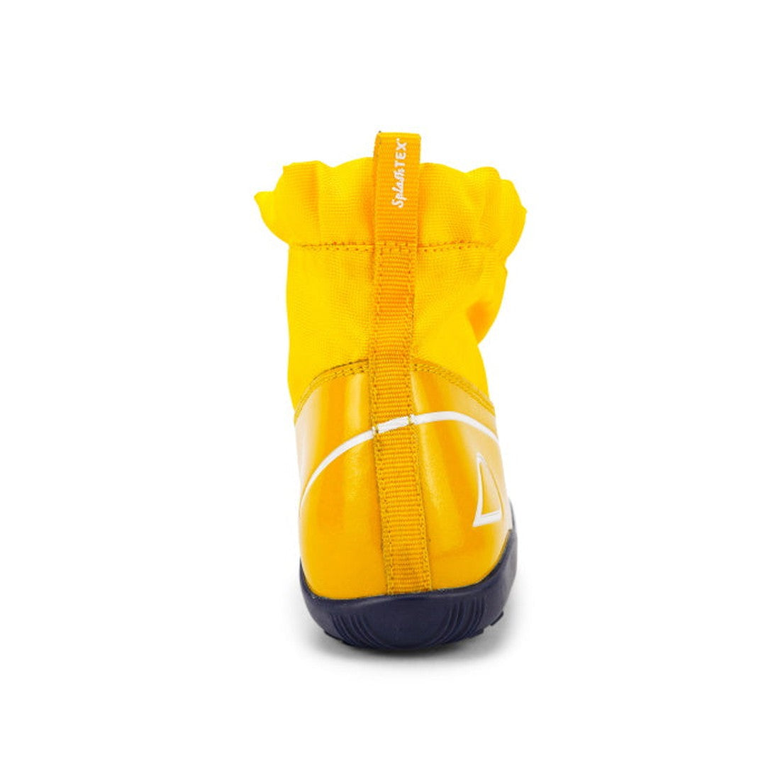 The Bobux Kid+ Splash Boot Waterproof Yellow 839001 is a lightweight kids’ shoe with a dark sole, reflective stripe, pull tab, and gathered top, shown from the back on a white background. Perfect for keeping feet dry in style., 9420068528420, 942006852843