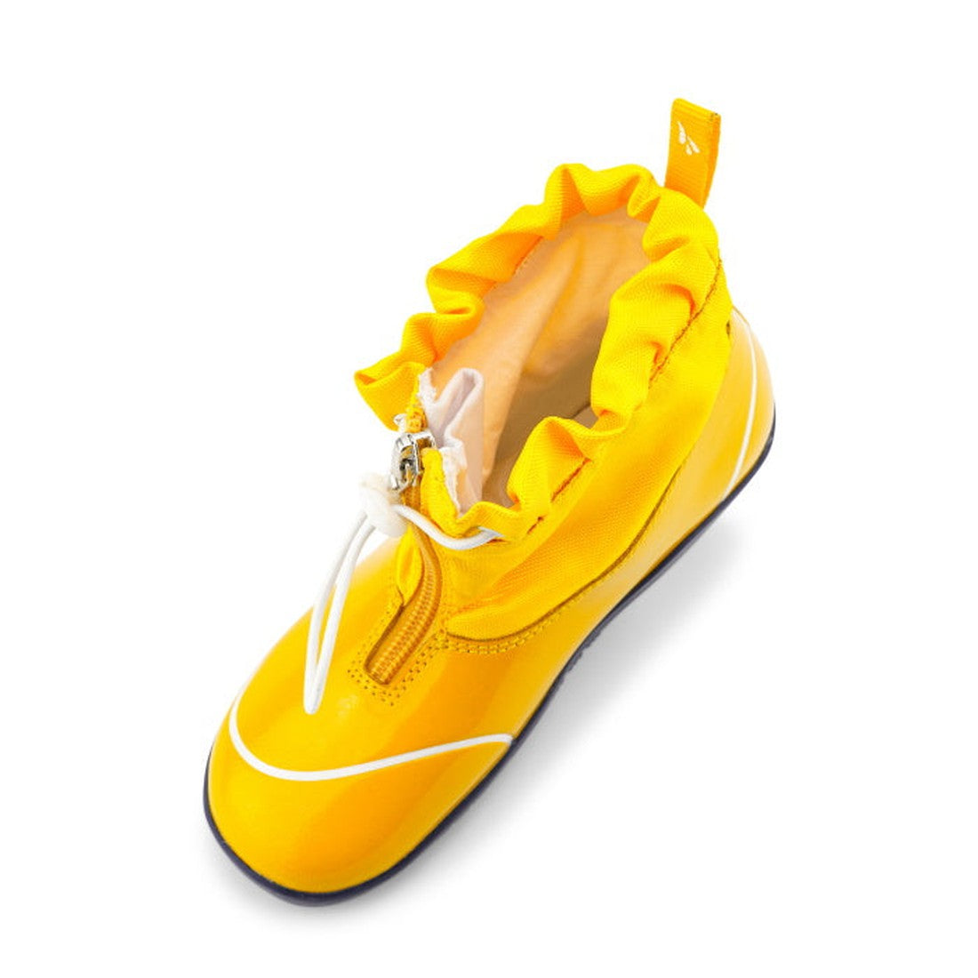 The Bobux Kid+ Splash Boot Waterproof Yellow 839001 is a bright yellow boot with a ruffled elastic collar, white laces, and white toe and side detailing. Lightweight and stylish for little feet, shown from above on a white background., 9420068528420, 9420