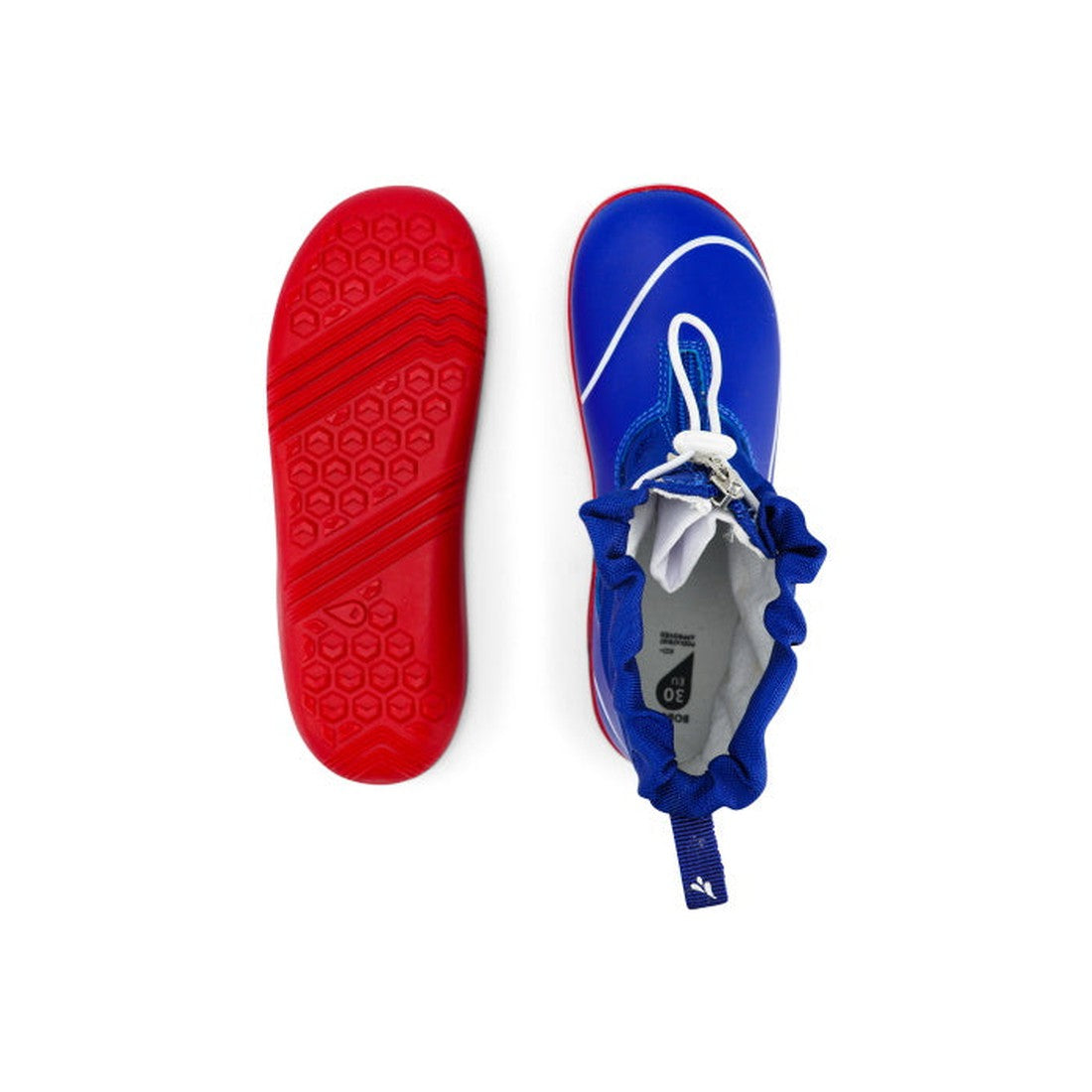 The Bobux Kid+ Splash Boot Waterproof Blueberry 839003 features blue boots with white accents and red textured soles; one boot is shown from the top, the other displays the sole—perfect clearance kids’ footwear for style and comfort., 9420068527911, 94200