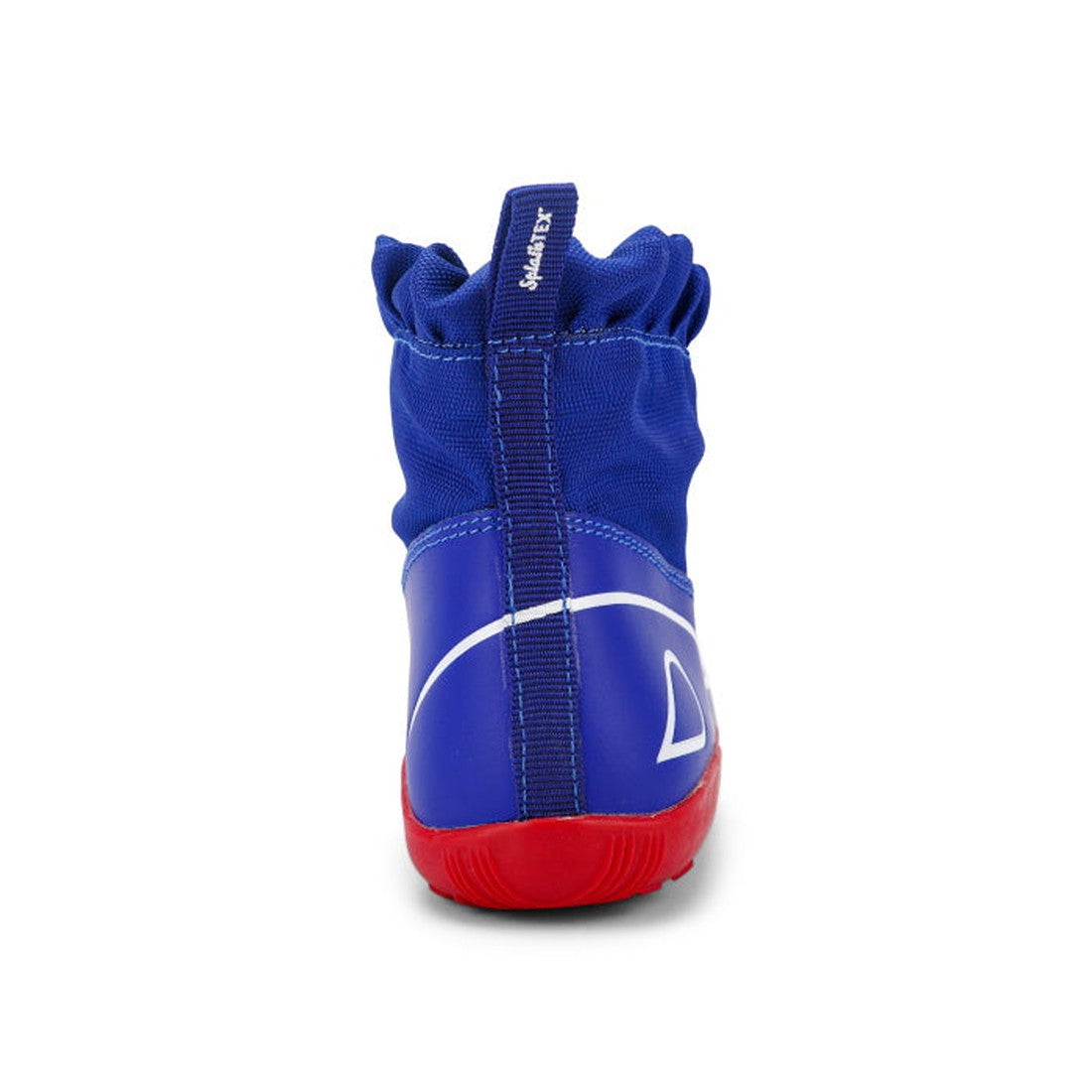 The Bobux Kid+ Splash Boot Waterproof Blueberry 839003 is shown from the back, featuring a SHARKIST heel pull tab, white side graphic, and bright red sole—perfect for standout kids' footwear. The background is white., 9420068527911, 9420068527928, 9420068
