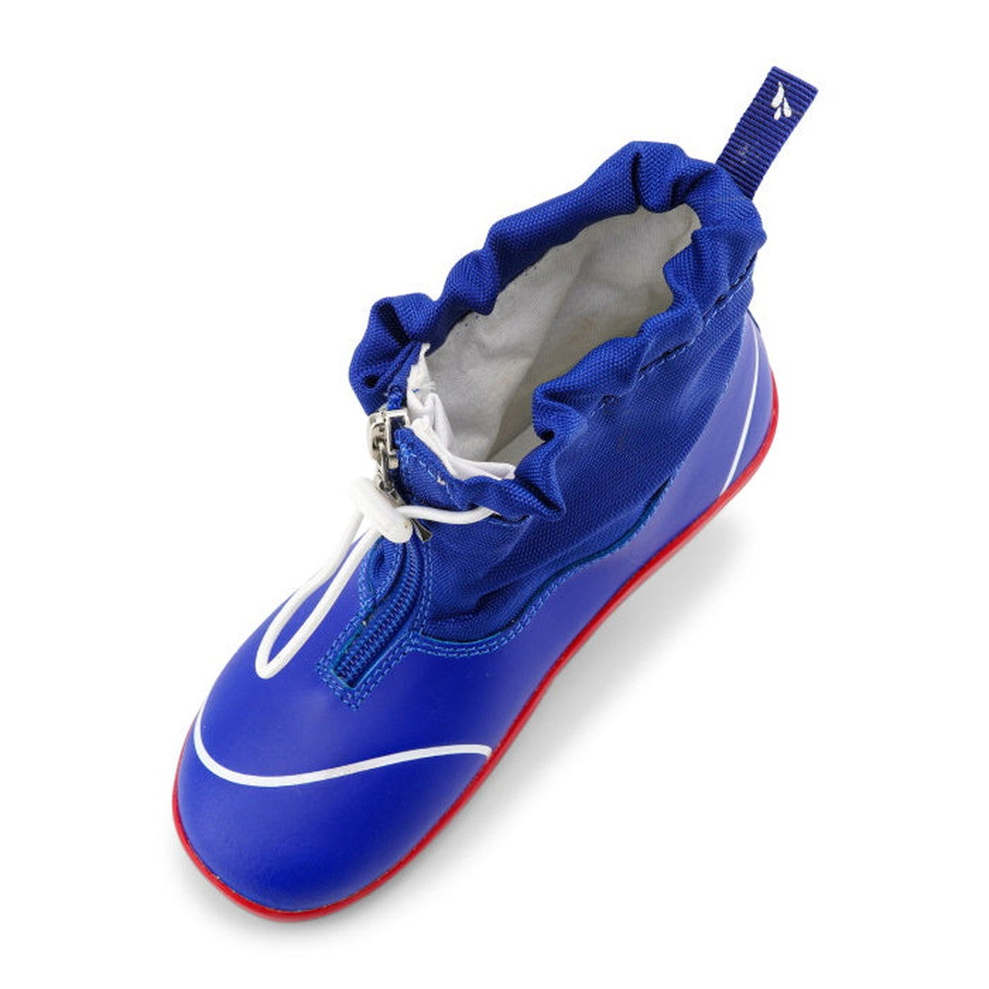 The Bobux Kid+ Splash Boot Waterproof Blueberry 839003 is a blue kids’ waterproof boot with white accents, a red sole, drawstring closure, and heel pull tab, shown from an overhead angle., 9420068527911, 9420068527928, 9420068527935, 9420068527942, 942006