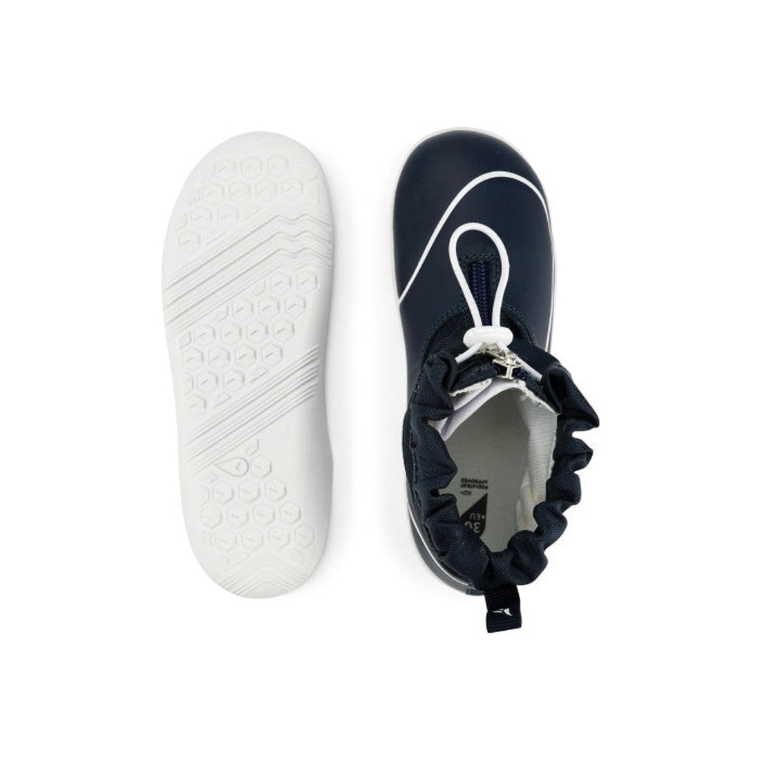 Top and bottom views of the Bobux Kid+ Splash Boot Waterproof Navy 839004 kids shoe, featuring a white sole, white trim, drawstring closure, and textured sole pattern on a white background., 9420068528086, 9420068528093, 9420068528109, 9420068528116, 9420