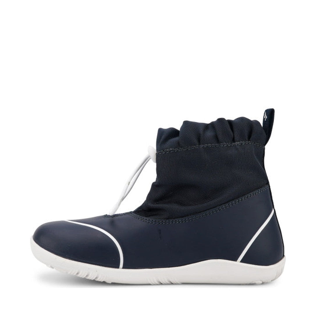 The Bobux Kid+ Splash Boot Waterproof Navy 839004 is a kids' navy blue boot with a white sole, white trim, and an ankle drawstring, shown from the side on a white background—ideal as waterproof shoes for children., 9420068528086, 9420068528093, 9420068528