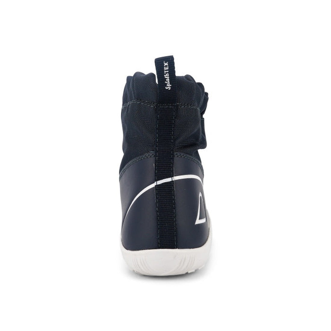 The Bobux Kid+ Splash Boot Waterproof Navy 839004 is a navy kids’ boot seen from the back, with a white sole, curved heel line, and dark pull tab with white text—perfect for stylish waterproof wear., 9420068528086, 9420068528093, 9420068528109, 9420068528