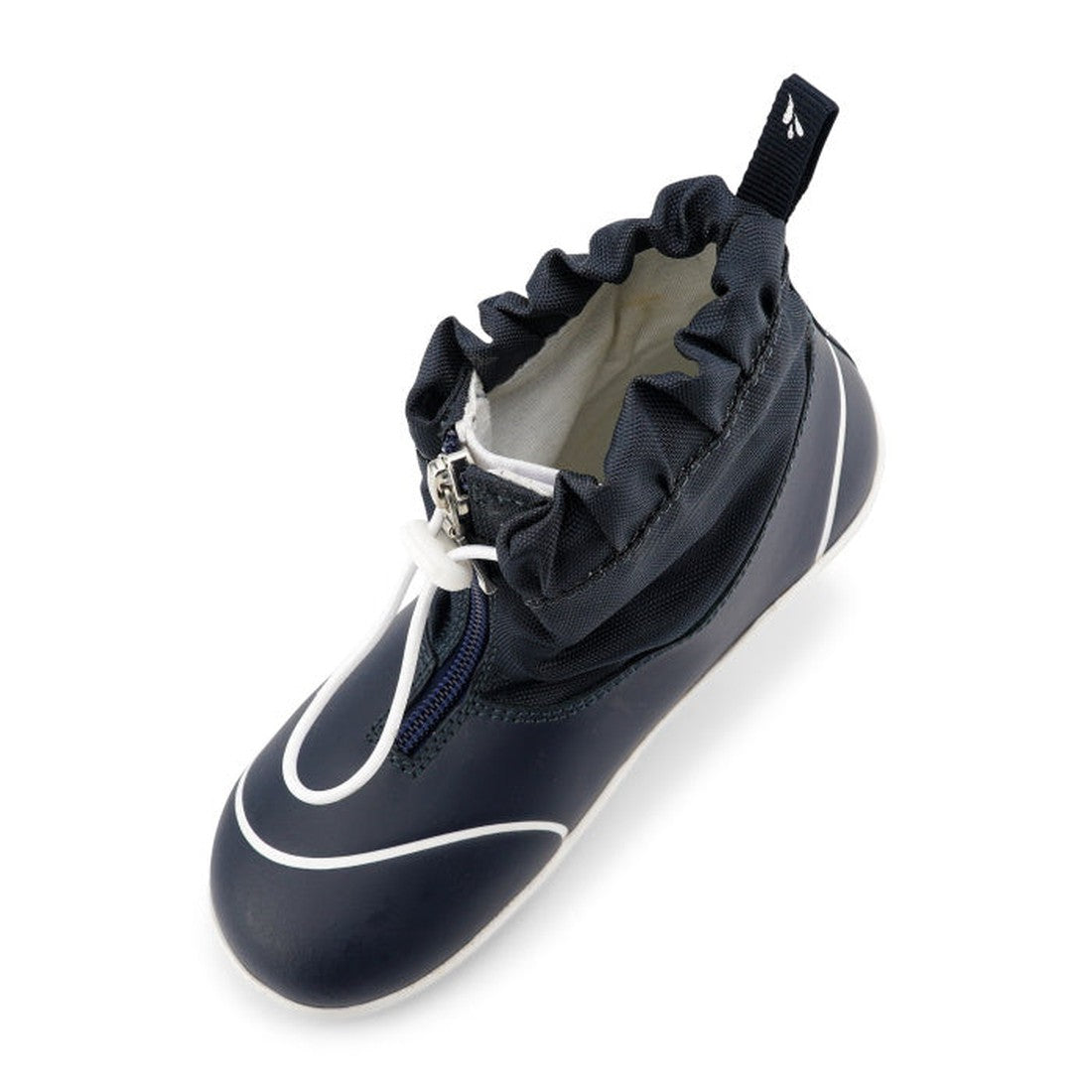 Bobux Kid+ Splash Boot Waterproof Navy 839004: kids' navy blue waterproof boots with white accents, front zipper, ankle drawstring closure, back pull-tab, soft flexible sole, and elastic trim for comfort., 9420068528086, 9420068528093, 9420068528109, 9420