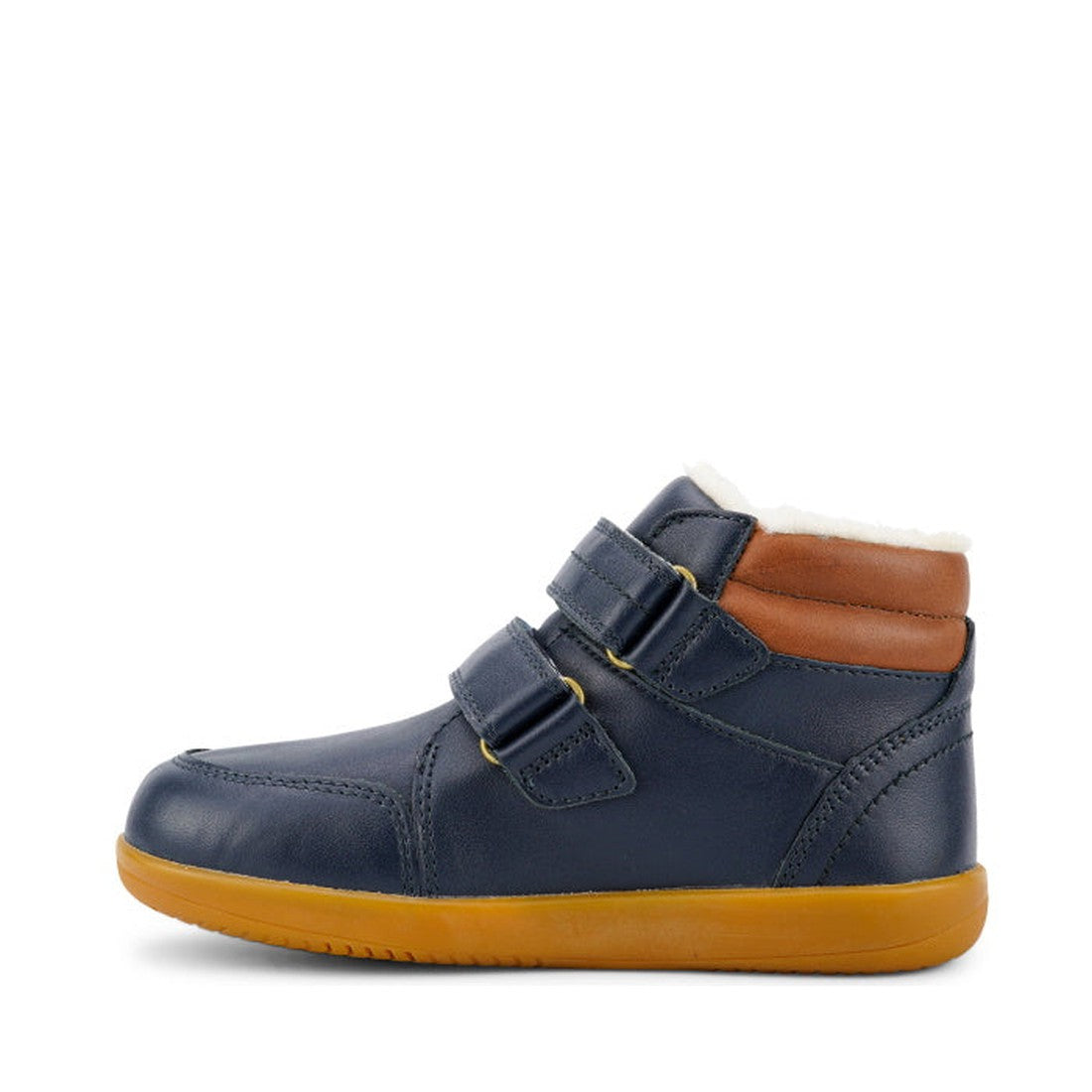 The Bobux Kid+ Timber Arctic WATERPROOF Boot Navy 836003E is a unisex navy blue leather high-top kids' boot with two Velcro straps, brown padded ankle, white lining, and a light brown rubber sole, shown in side profile., 9420068529489, 9420068529496, 9420