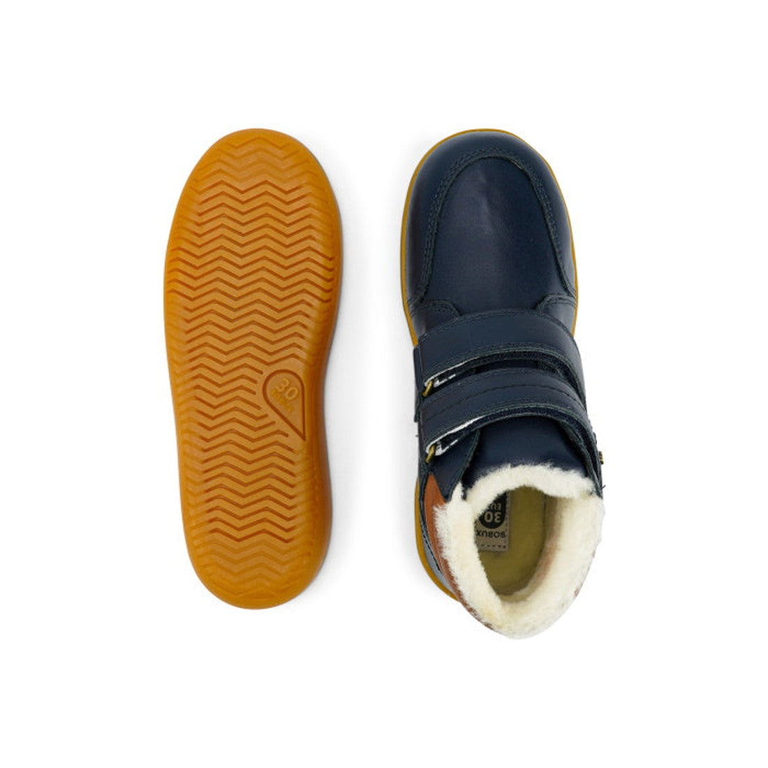 The Bobux Kid+ Timber Arctic WATERPROOF Boot Navy 836003E features navy uppers, brown rubber soles, white fleece lining, and two hook-and-loop straps. One boot is shown from above, the other displays the tread pattern., 9420068529489, 9420068529496, 94200