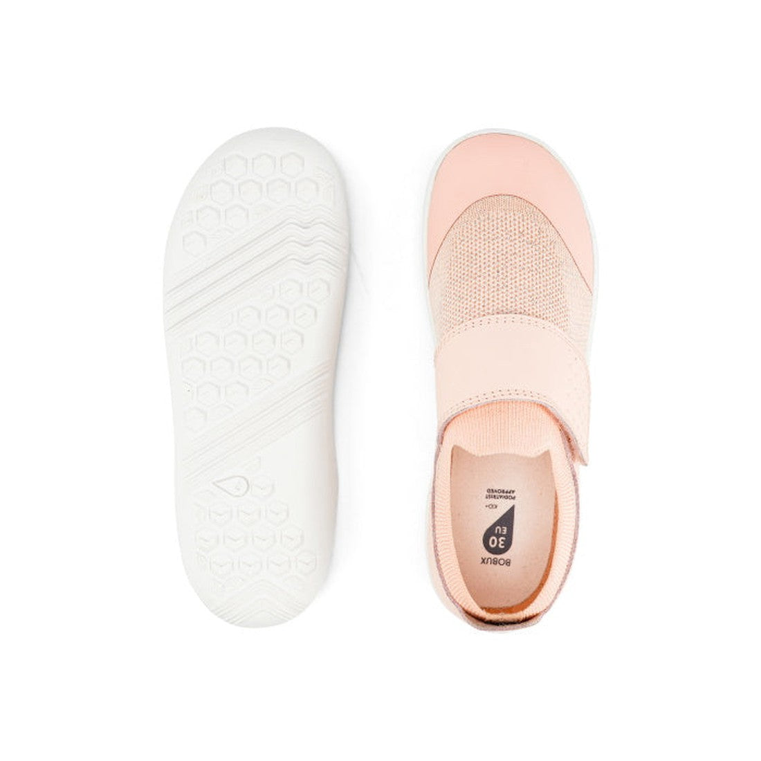 The image shows a pair of Bobux Kid+ Lo Dimension III Blossom Pink shoes: one displays the peach and pink upper with a velcro strap, and the other highlights the white textured sole. Model 838601 on clearance., 9420068517370, 9420068517387, 9420068517394,