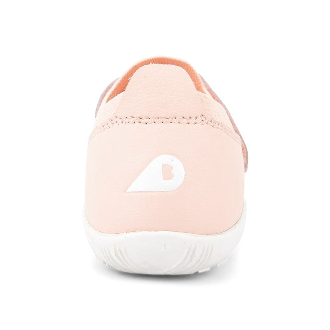 Rear view of the Bobux Kid+ Lo Dimension III Blossom Pink 838601 kids' shoe, featuring a flexible design, white sole, and a white teardrop-shaped logo with a small "B" on the heel., 9420068517370, 9420068517387, 9420068517394, 9420068517400, 9420068517417