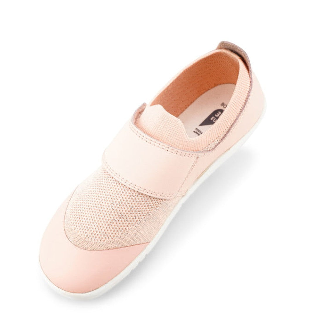 A Bobux Kid+ Lo Dimension III Blossom Pink 838601 (CLEARANCE) slip-on kids shoe with mesh toe, solid strap, and white sole, photographed from above on a white background. Flexible design ensures style and comfort., 9420068517370, 9420068517387, 9420068517