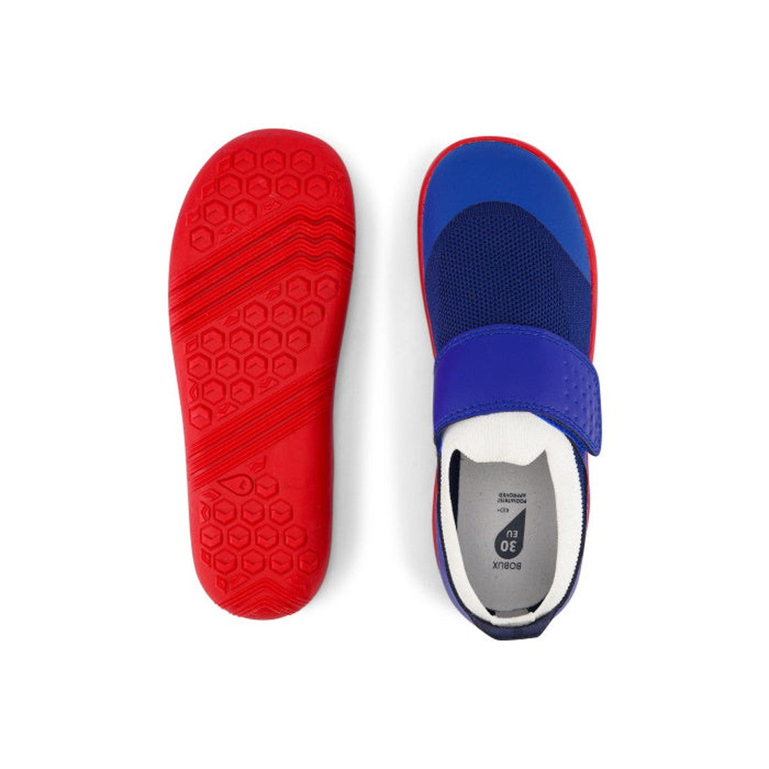 The Bobux Kid+ Lo Dimension III Blueberry 838605 shoes feature blue uppers, a Velcro strap, and bright red soles with a hexagonal pattern. Shown from the top and sole, they highlight flexible performance. Now on clearance., 9420068533134, 9420068533097, 9