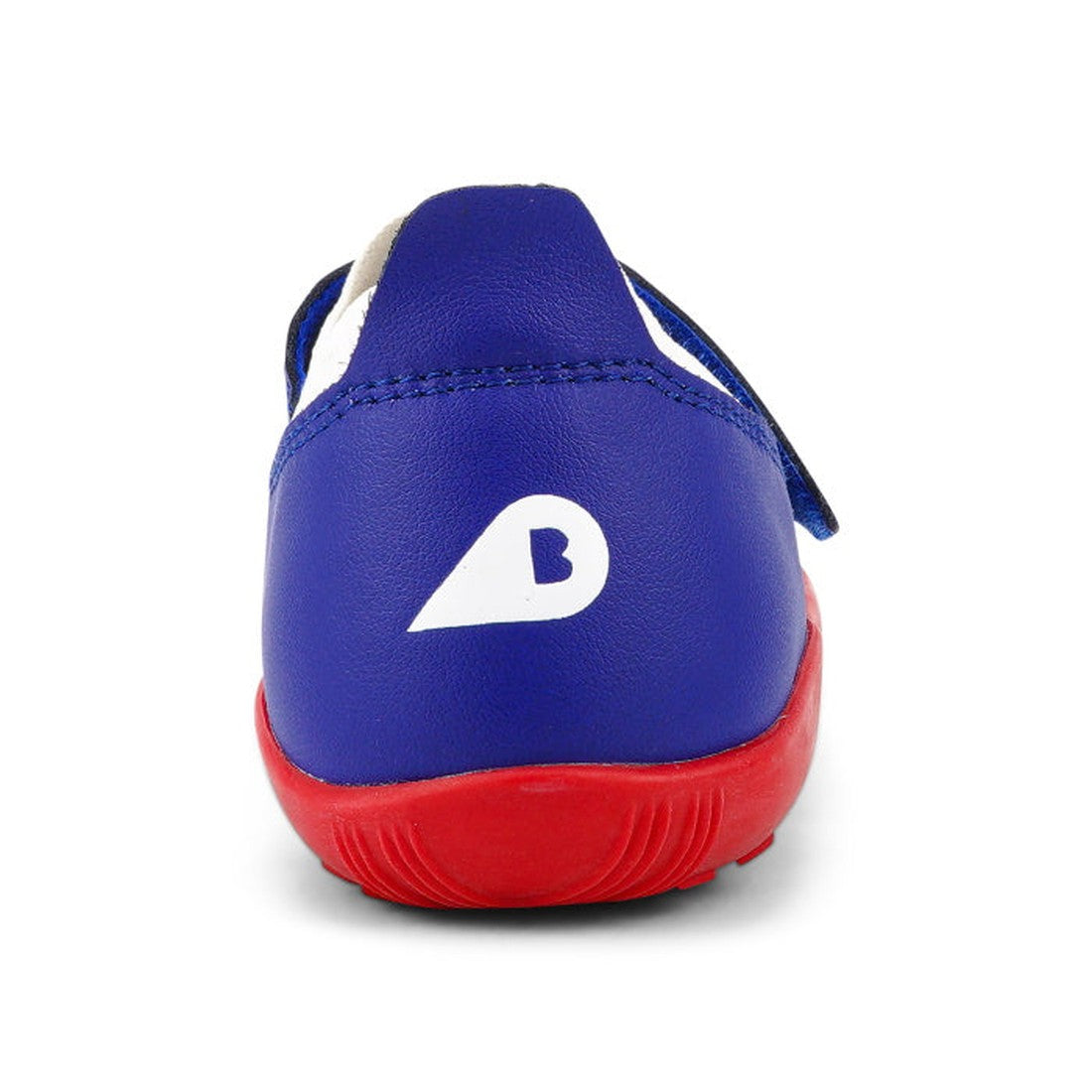A Bobux Kid+ Lo Dimension III Blueberry 838605 children's shoe with a red sole, seen from the back. The white heel features a teardrop B design. This flexible performance shoe is on clearance and displayed on a plain white background., 9420068533134, 9420