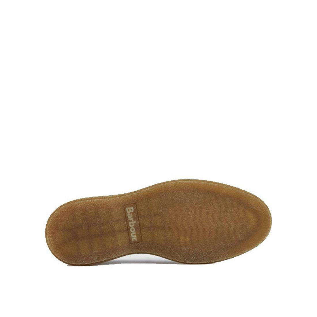 The image shows the sole of the Barbour Mens Harefield Derby Lace Up Shoe in Slate Grey Suede. It has a light brown rubber texture with the Barbour name near the heel and features a smooth, slightly textured surface., 5063669166710, 5063669166727, 5063669
